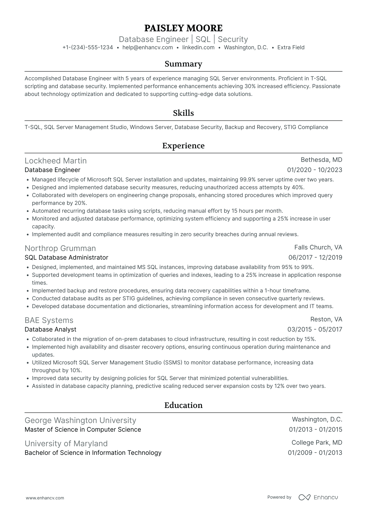 Database Development Engineer Resume Example