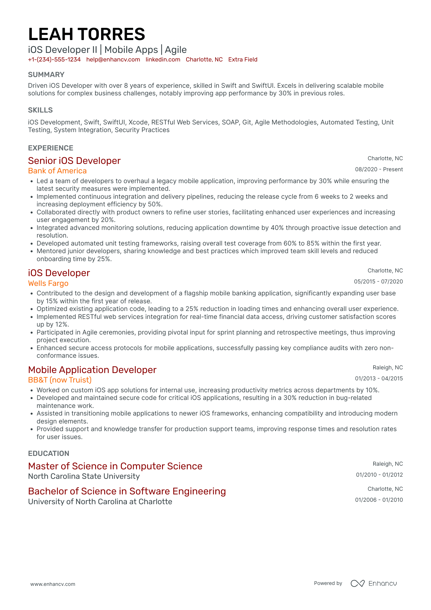 iOS Developer, Entry Level Resume Example