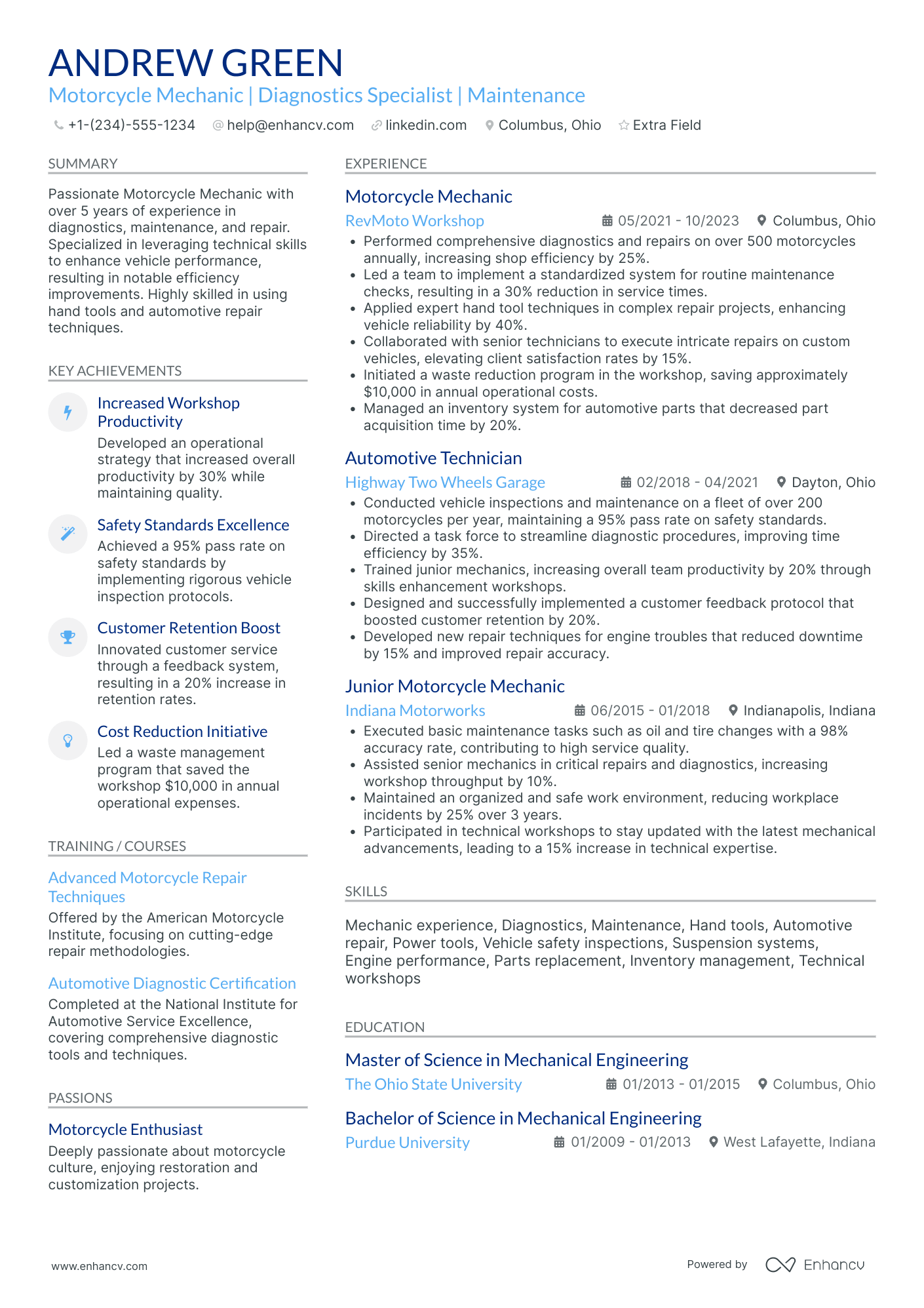 Motorcycle Mechanic Resume Example