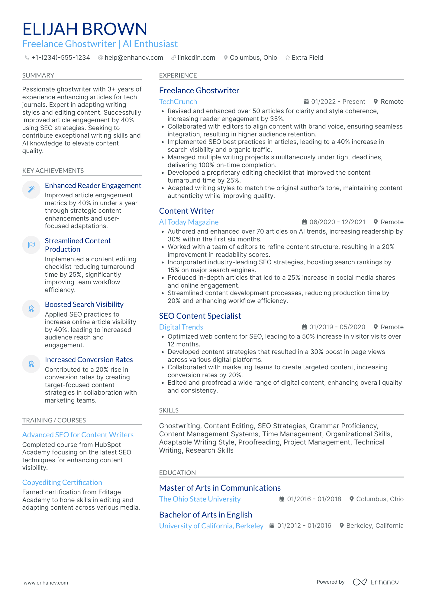 Freelance Ghostwriter Resume Example