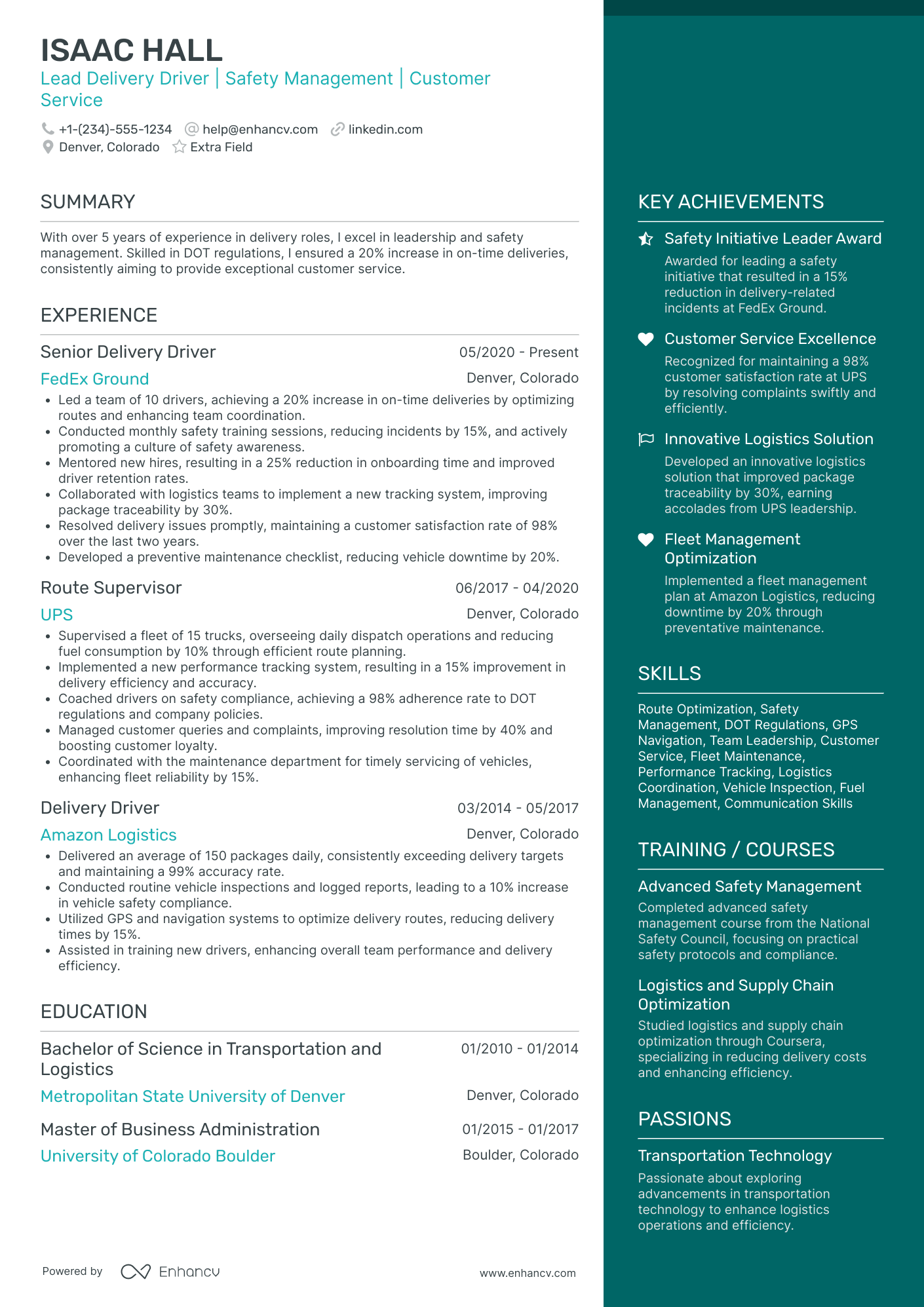 Lead Delivery Driver Resume Example