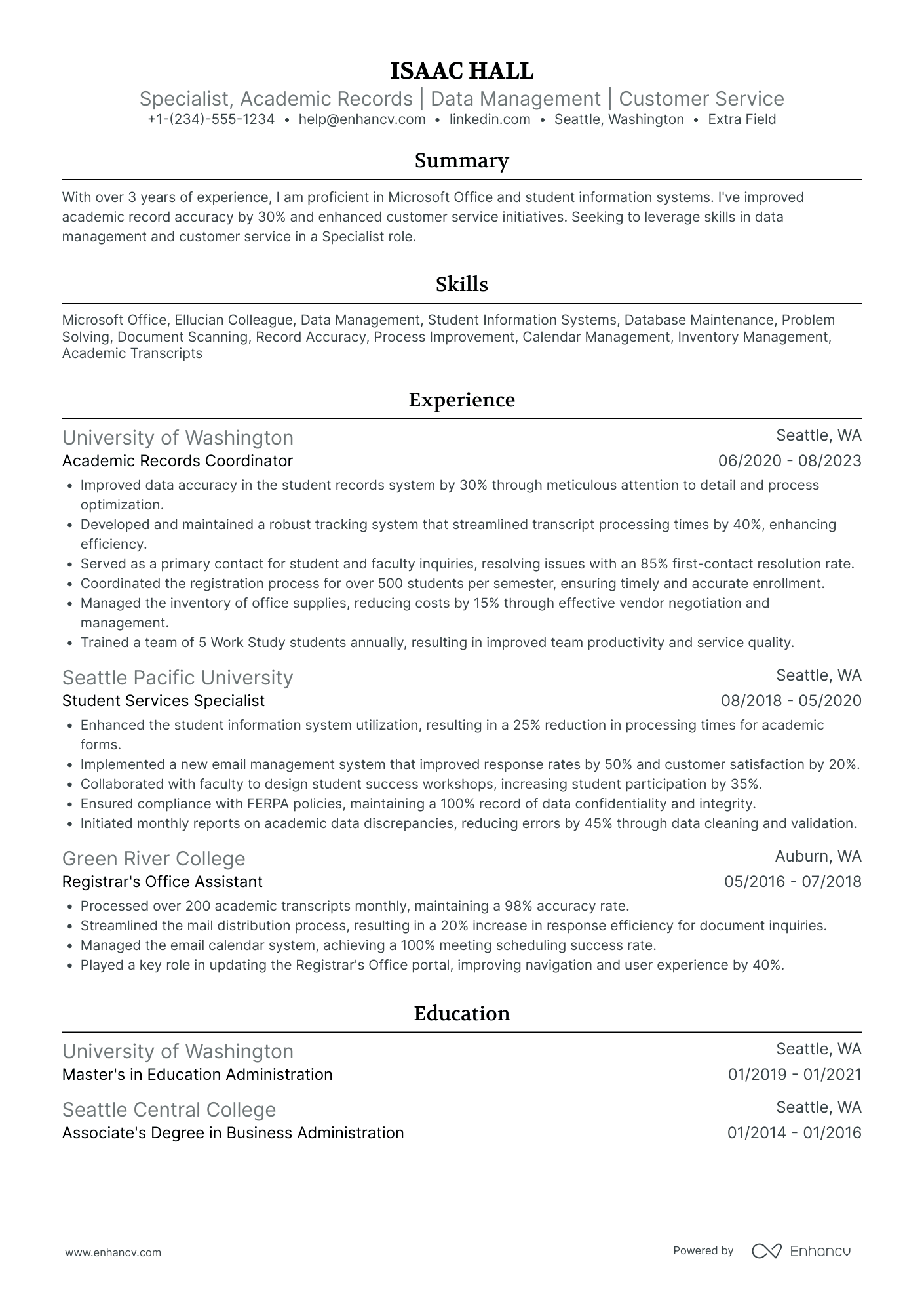 Academic Records Specialist Resume Example