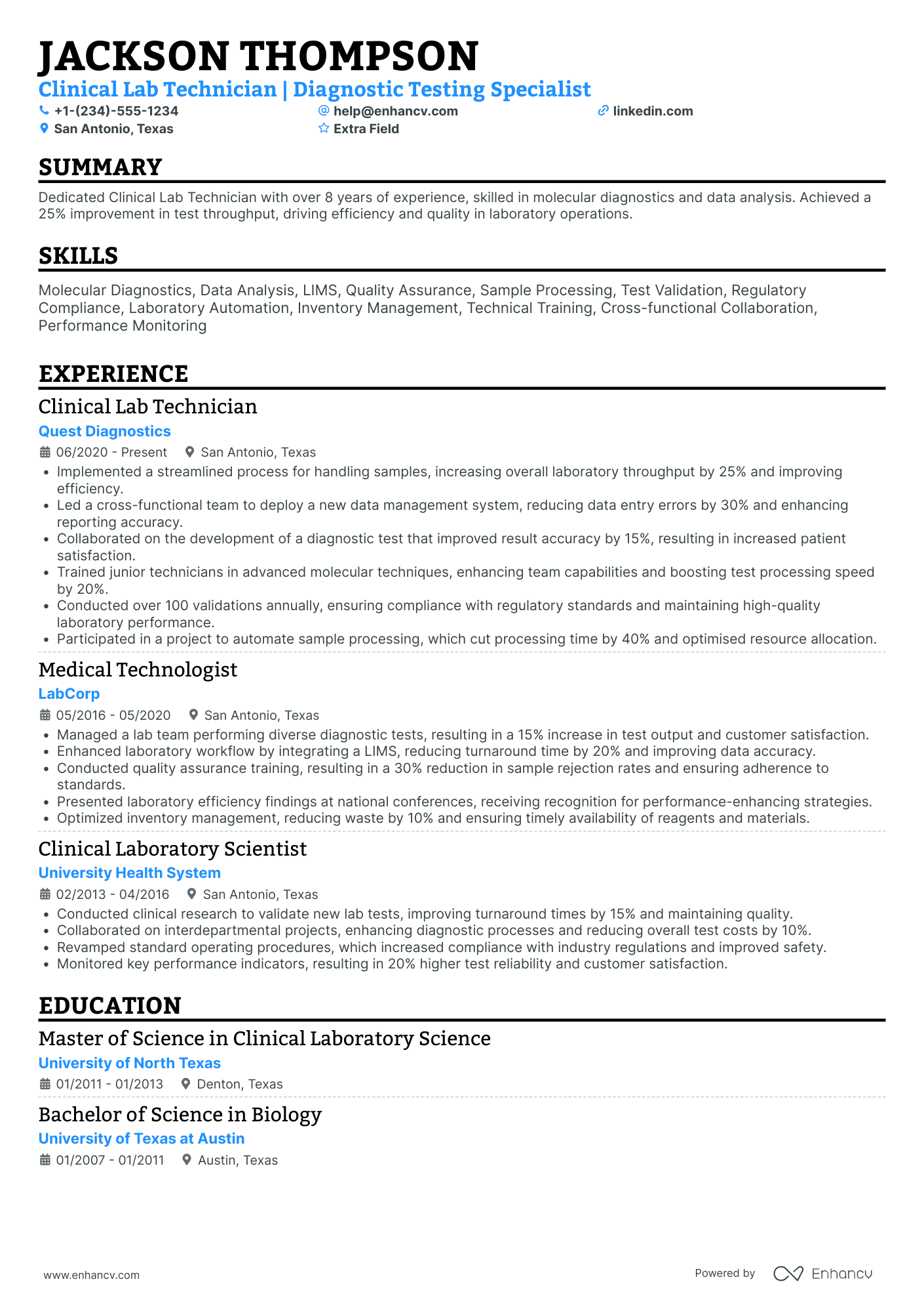 Clinical Lab Technician Resume Example