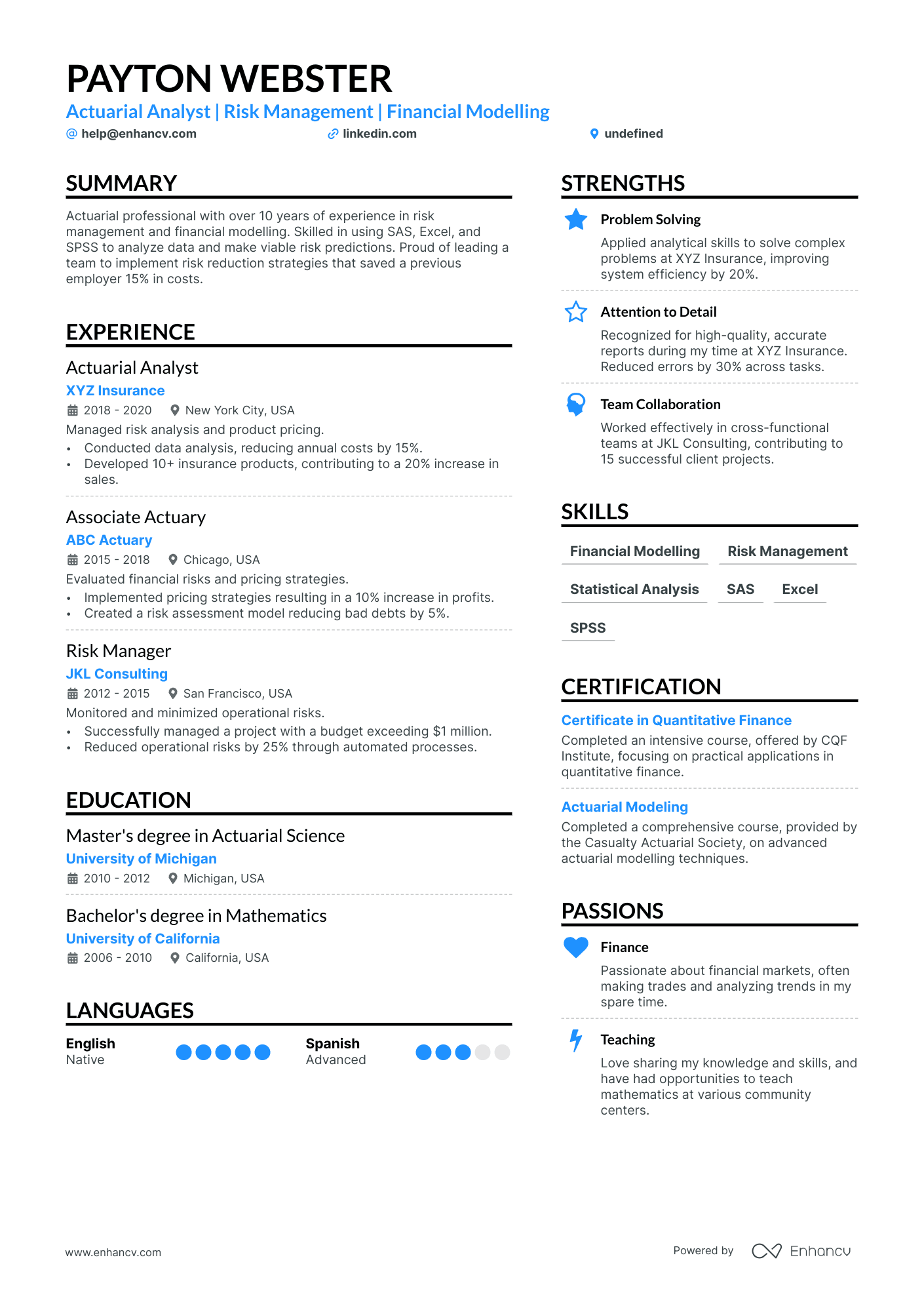 Actuary Internship Resume Example