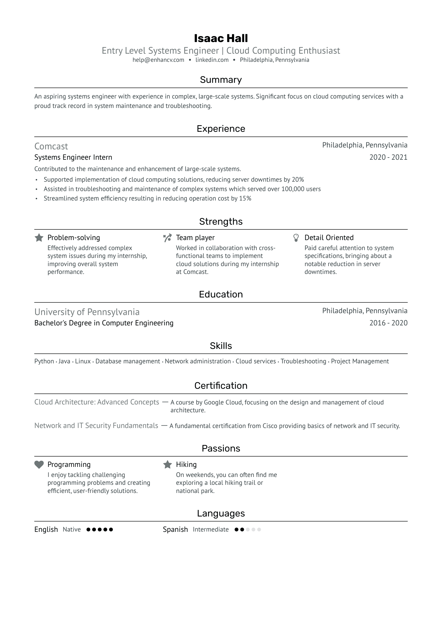 Entry Level Systems Engineer Resume Example