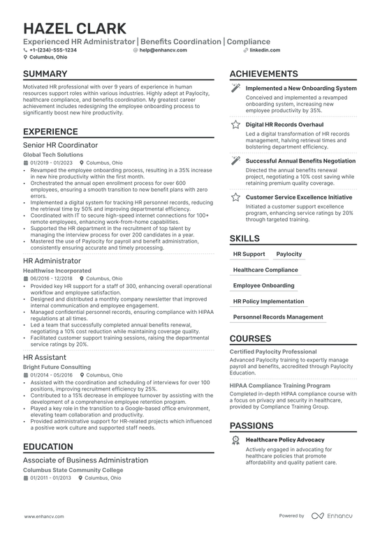 HR Administrative Assistant Resume Example