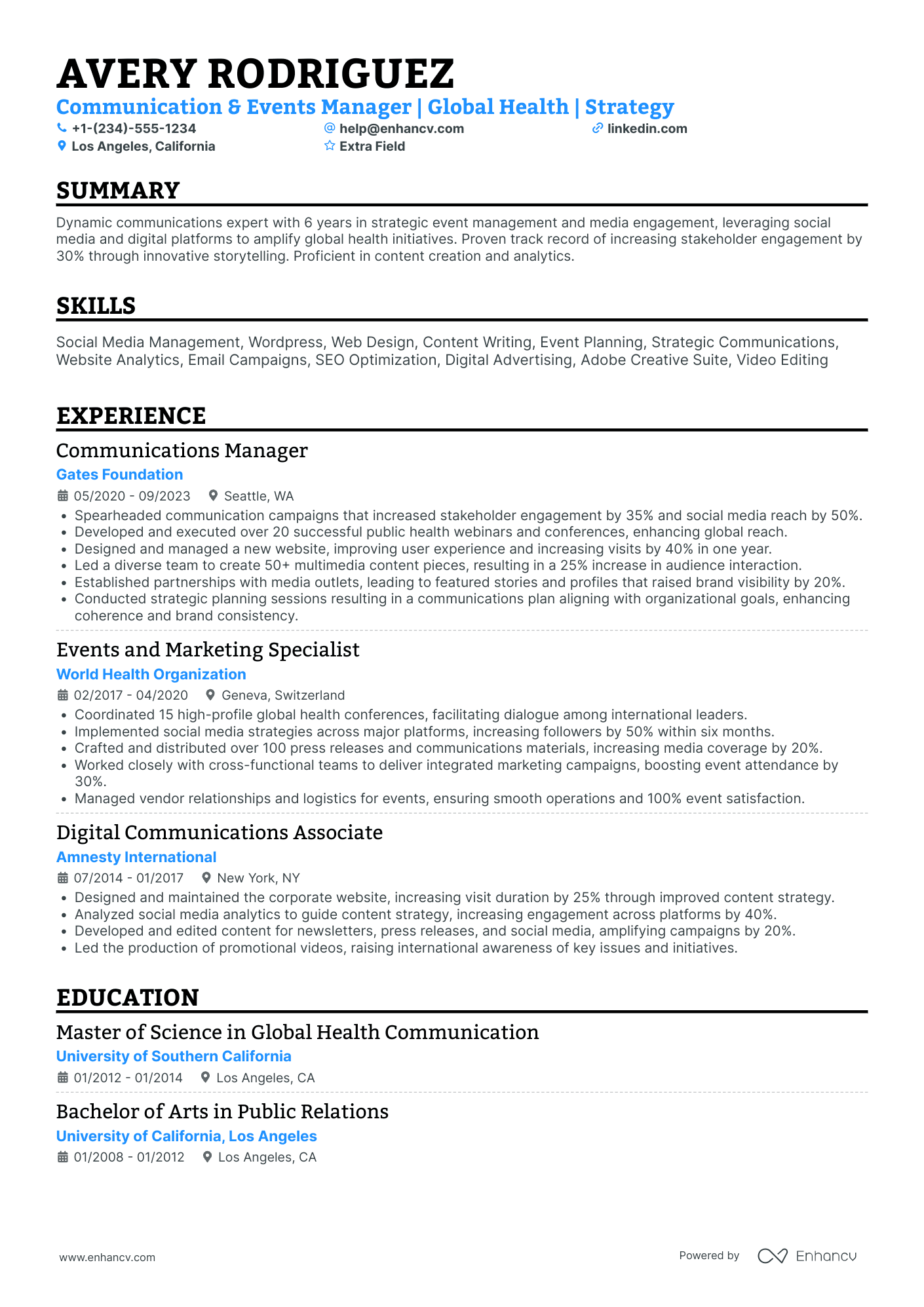 Communication and Events Manager Resume Example