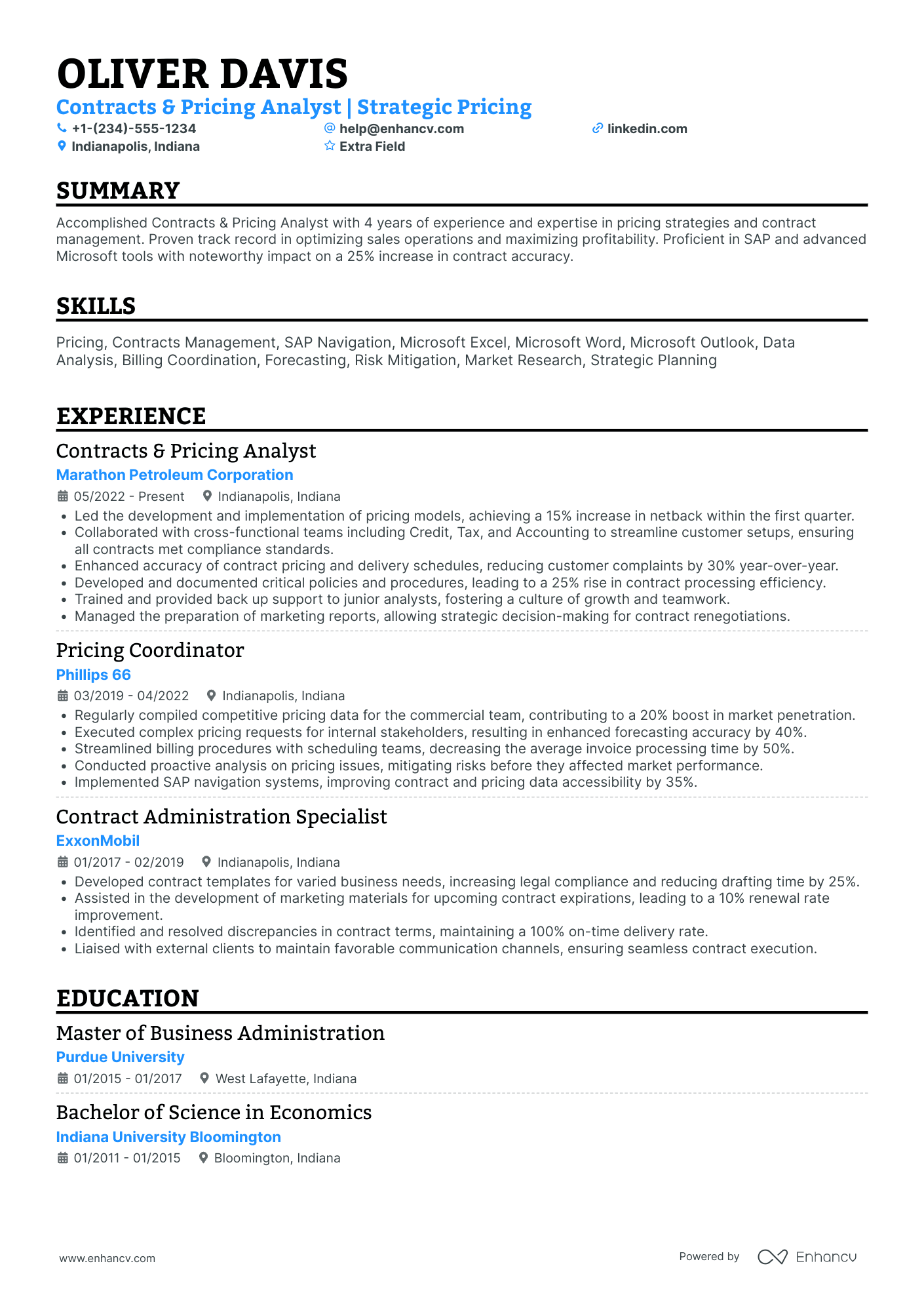 Contract Pricing Analyst Resume Example