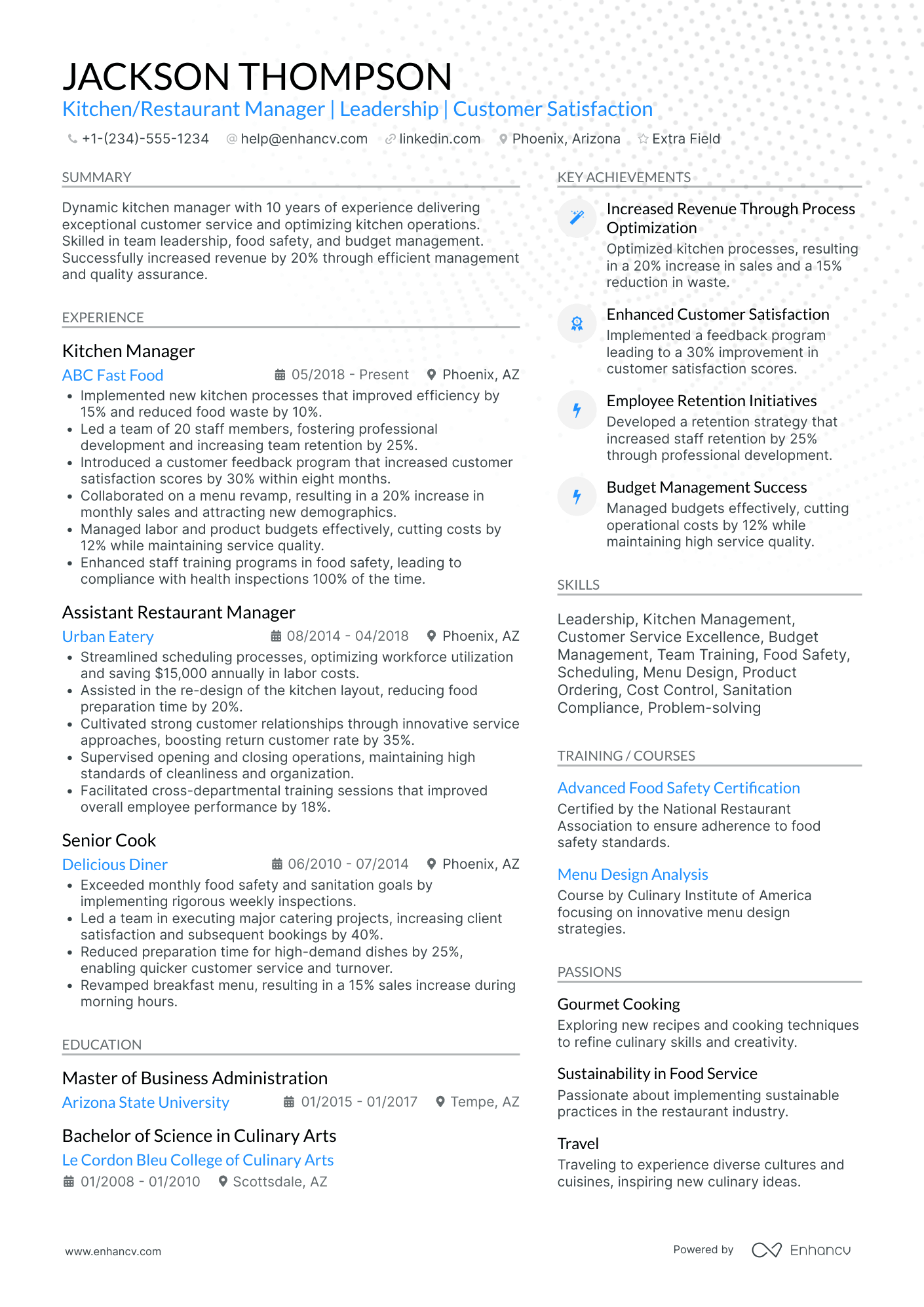 Day Shift Restaurant Manager Resume Example