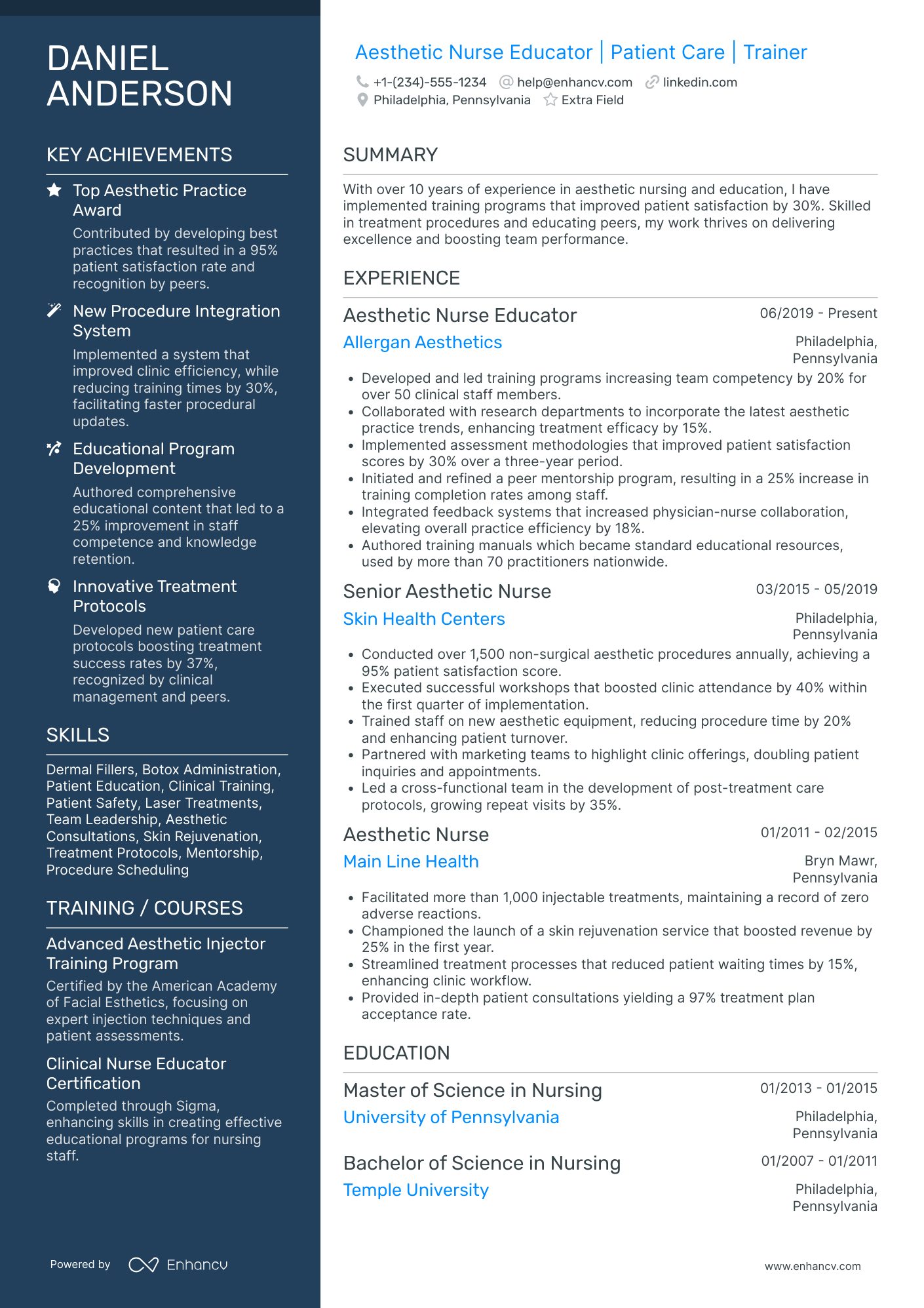 Aesthetic Nurse Educator Resume Example