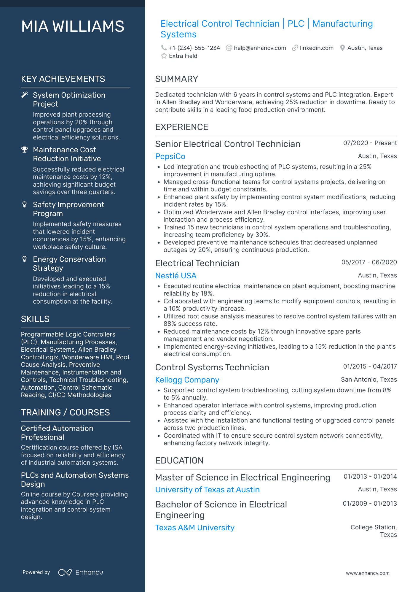 Control Electrician Resume Example