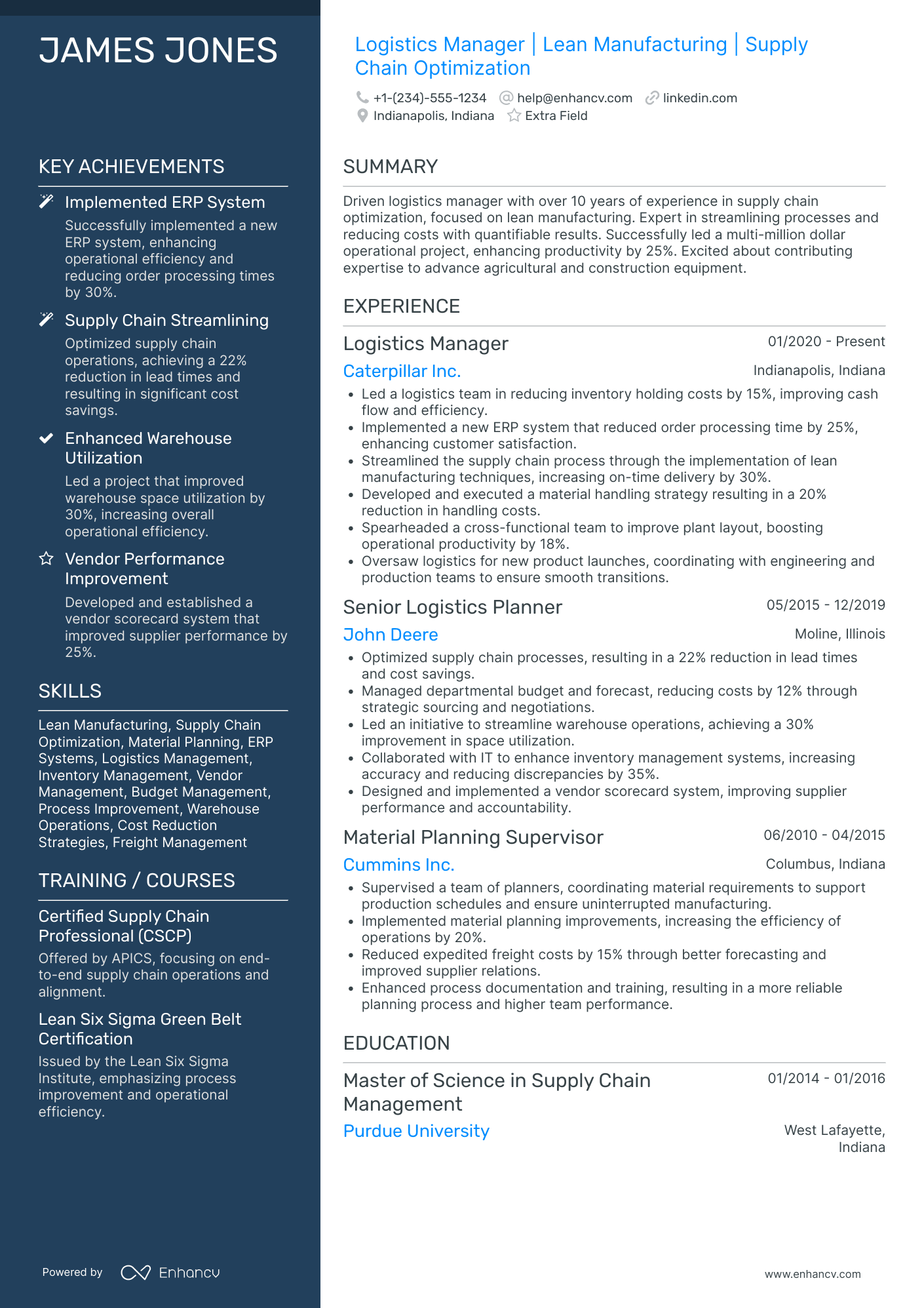 Manufacturing Logistics Manager Resume Example