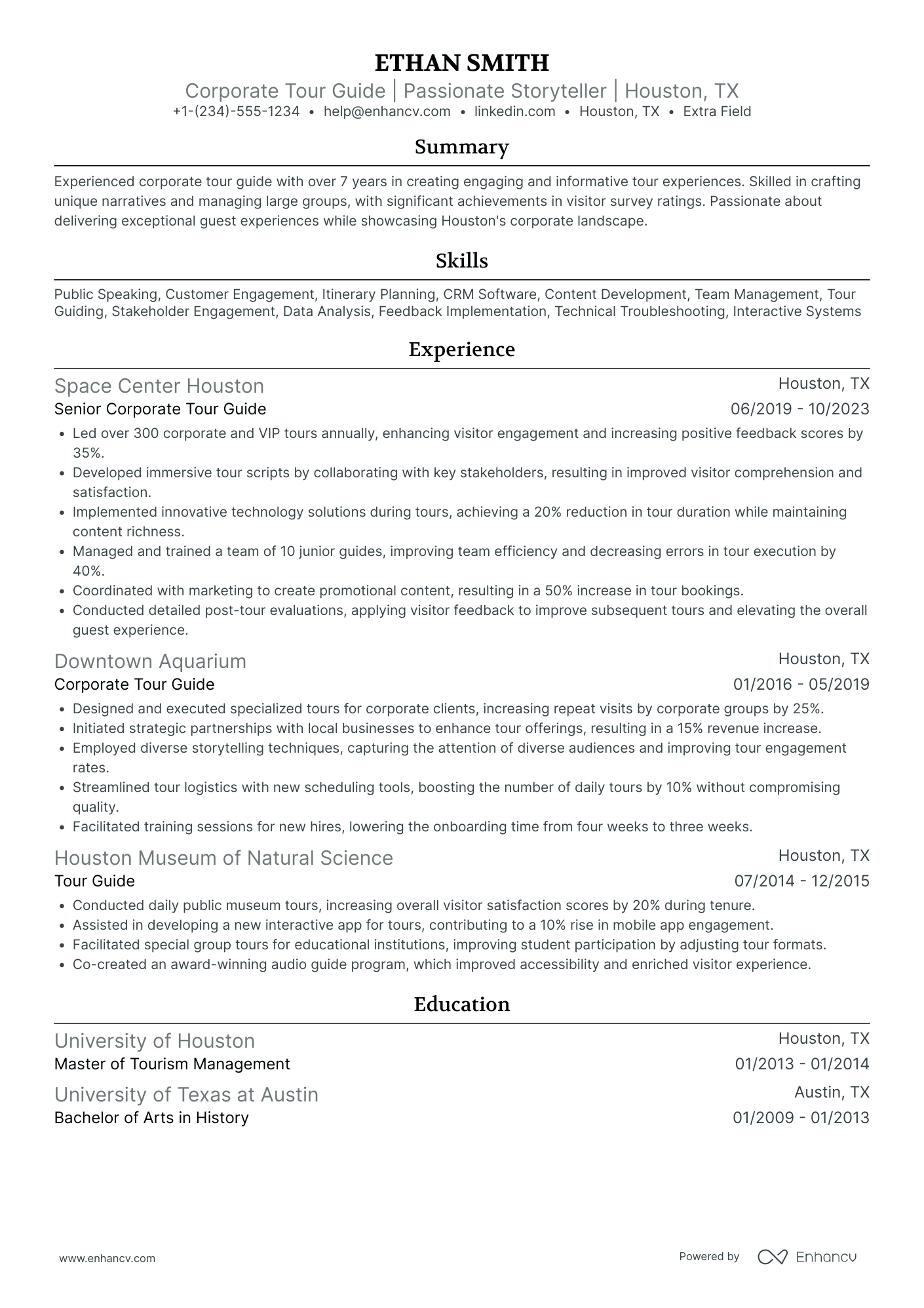 Corporate Tour Guide Resume Example