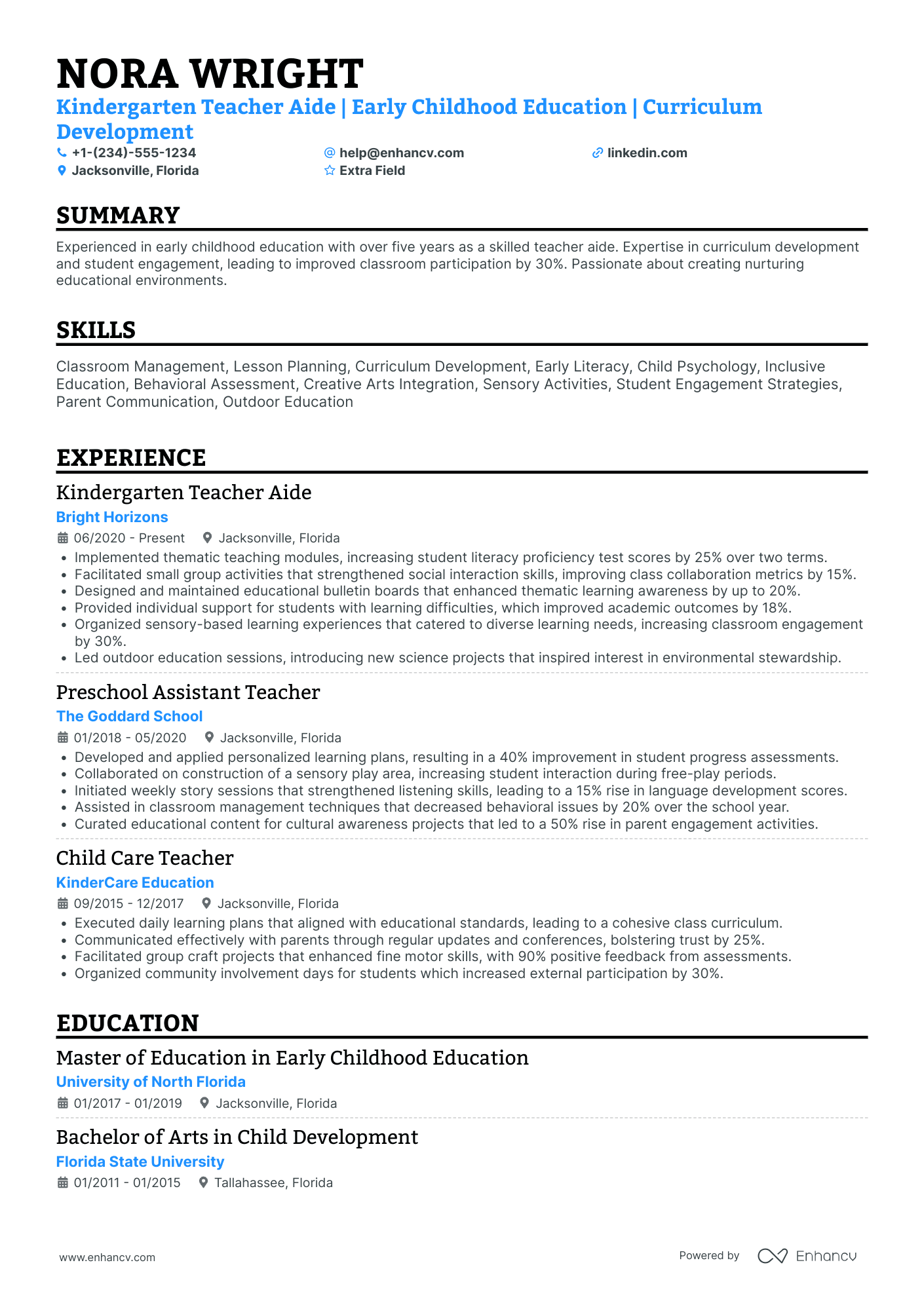 Kindergarten Teacher Aide Resume Example