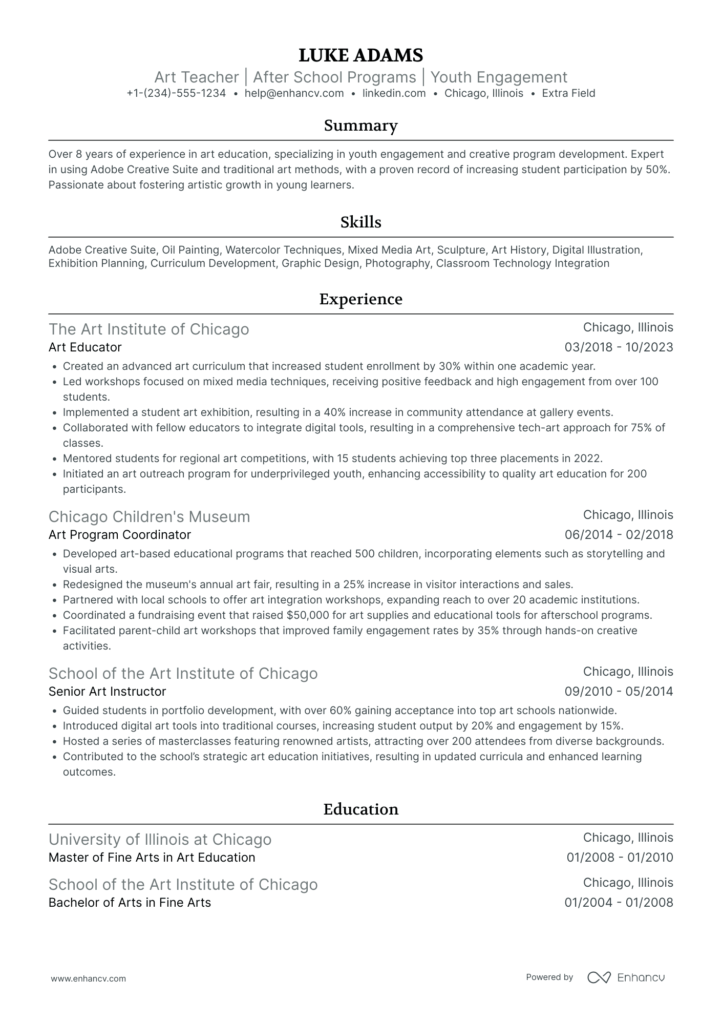 Art Teacher   After School Program Resume Example