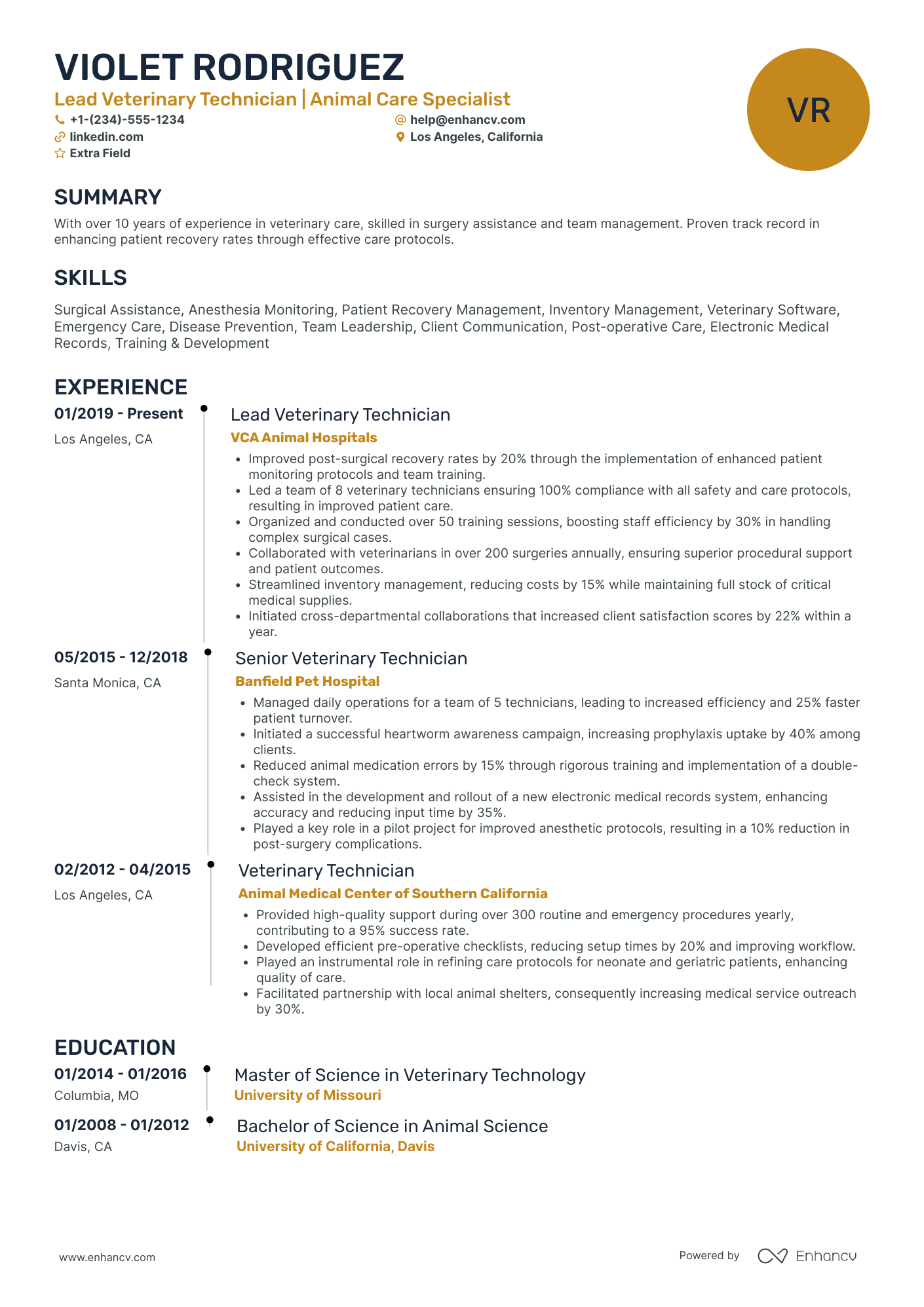 Lead Veterinary Technician Resume Example