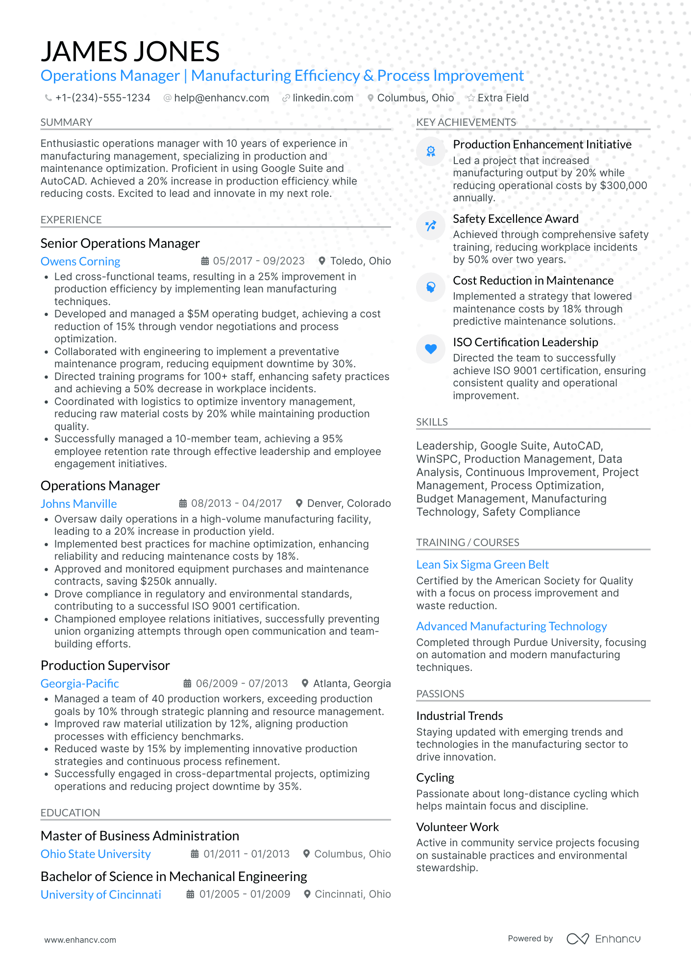 Industrial Design Operations Manager Resume Example