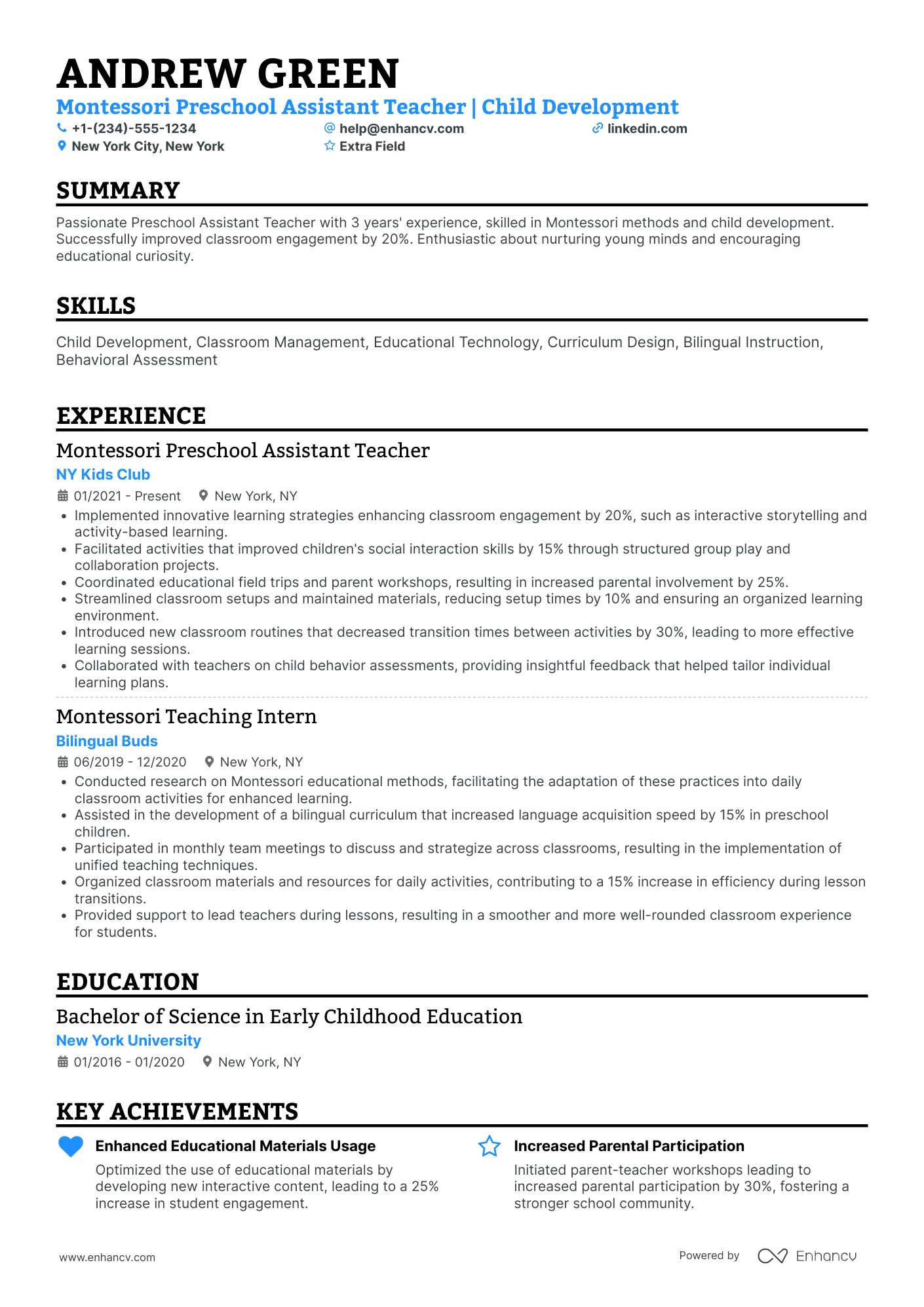 Montessori Preschool Assistant Teacher Resume Example