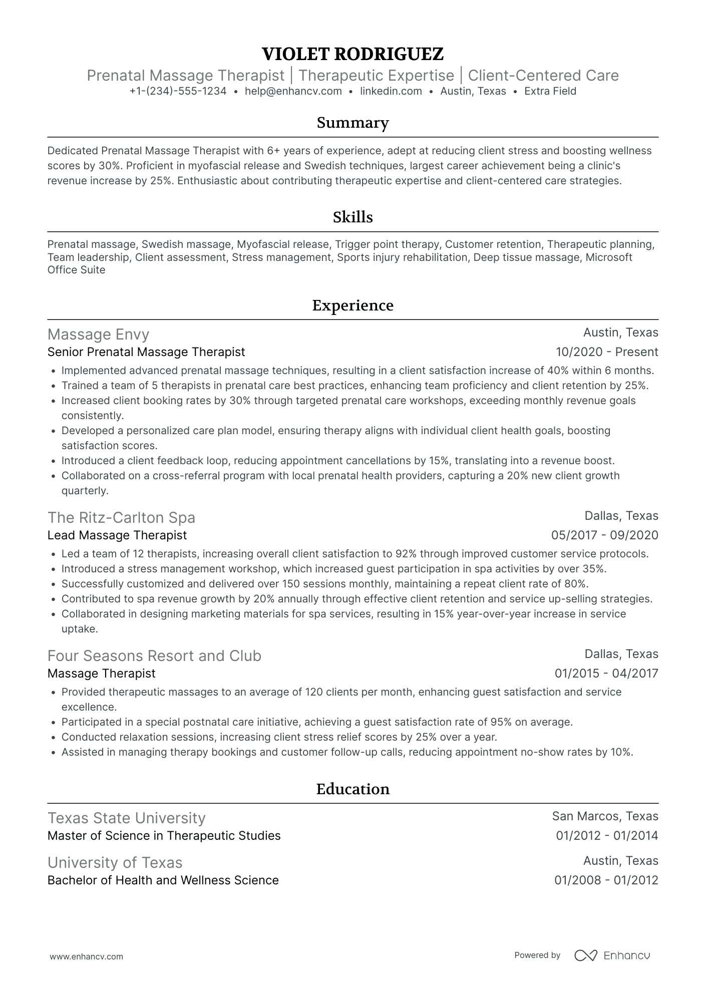 Prenatal Massage Therapist Resume Example