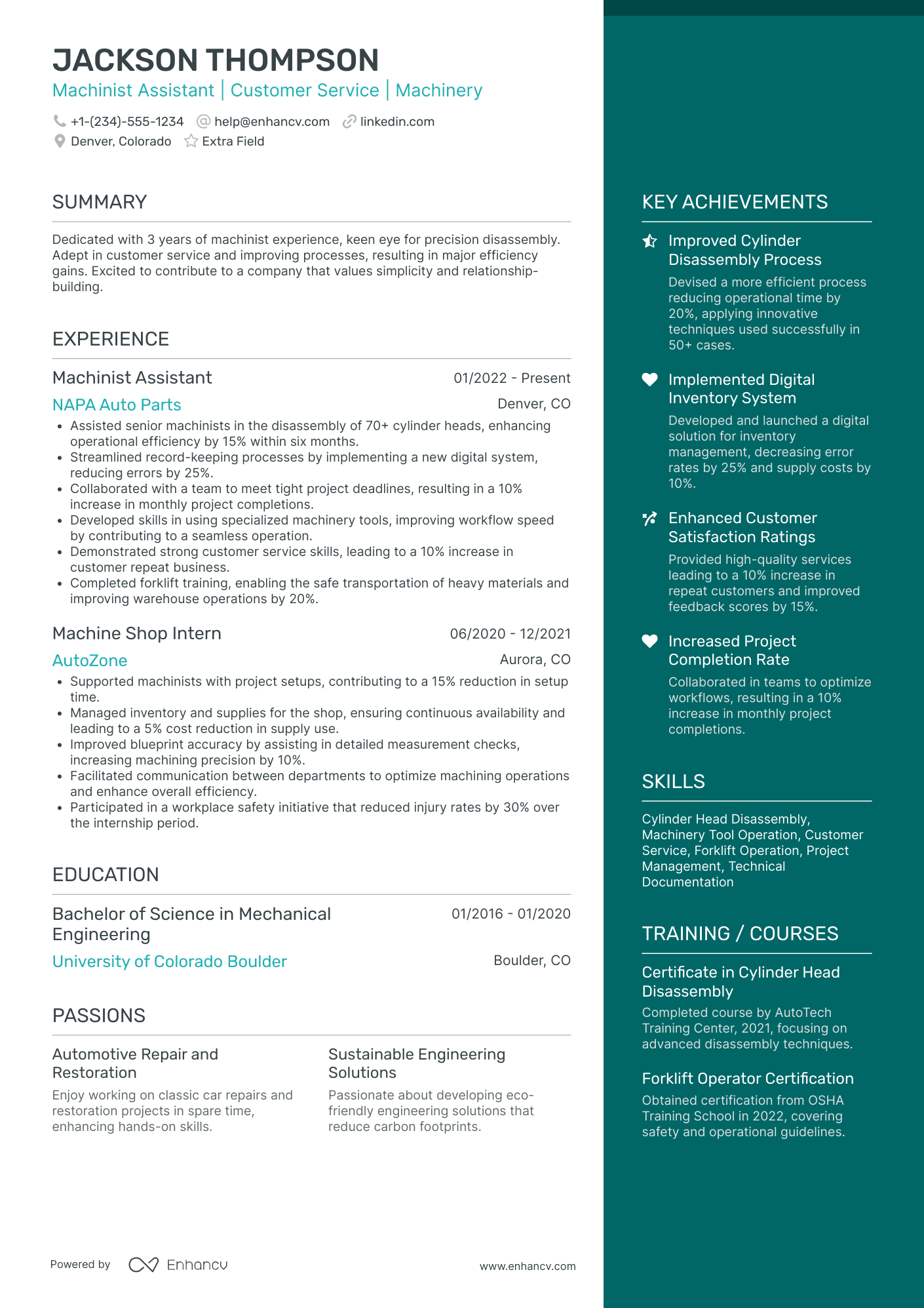 Machinist Assistant Resume Example