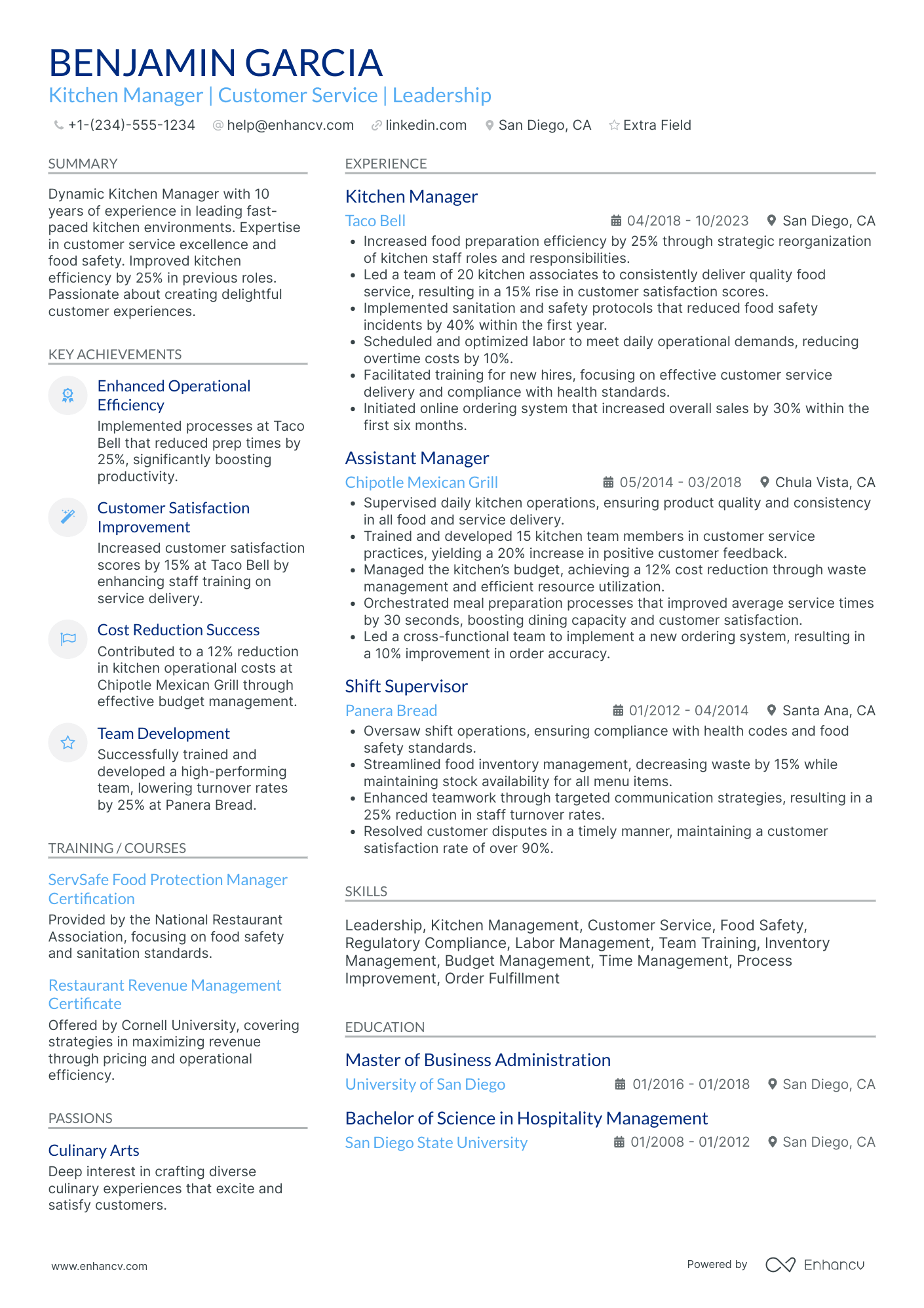 Restaurant Kitchen Manager Resume Example