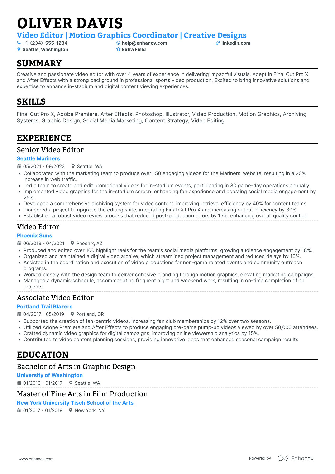 Motion Graphics Coordinator Resume Example