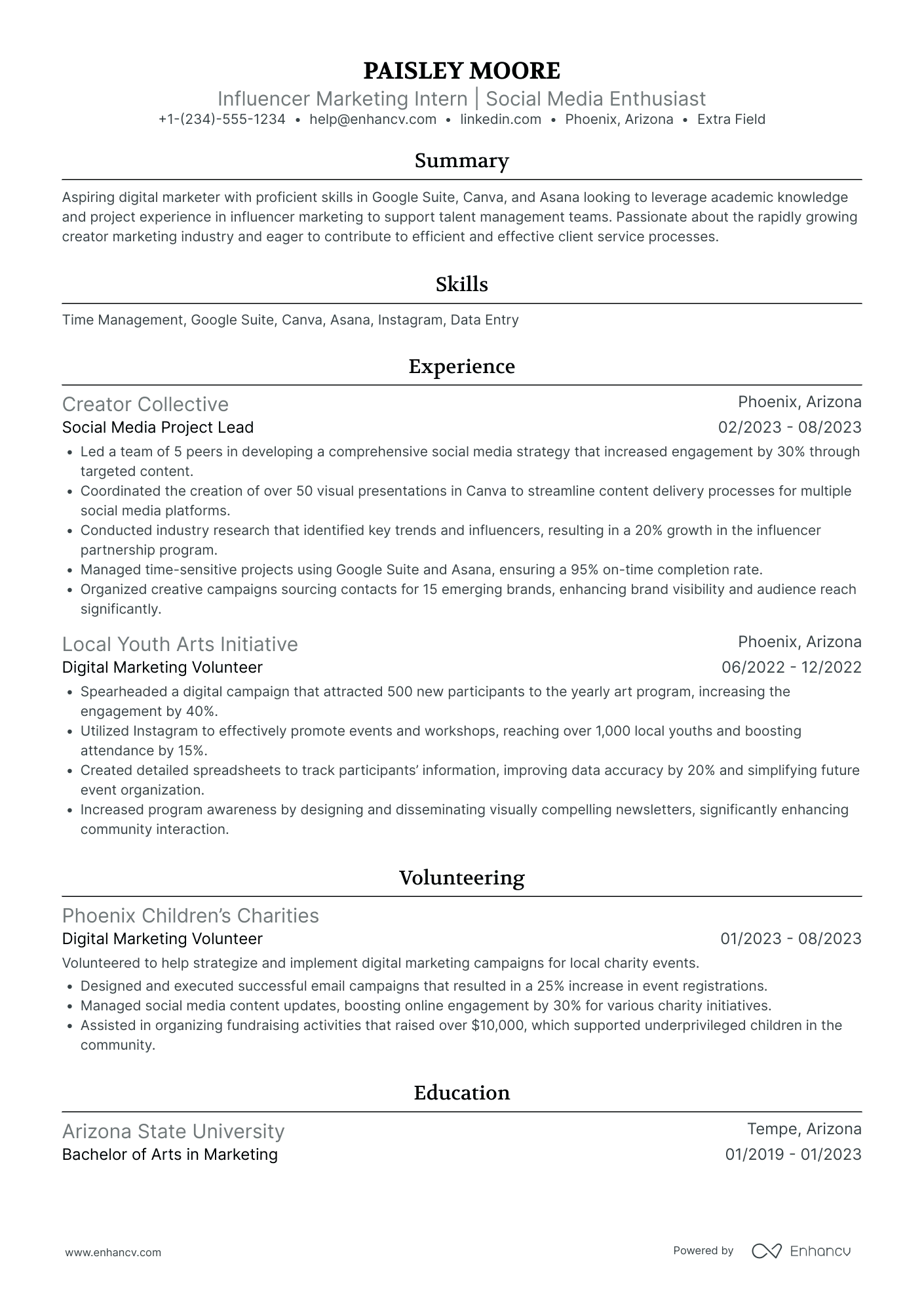 Social Media and Influencer Marketing Intern Resume Example