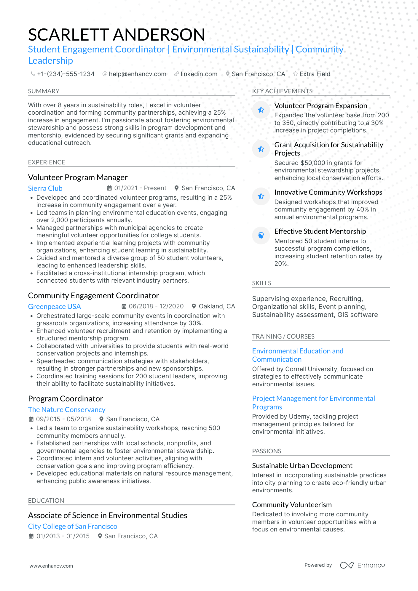 Environmental Sustainability Mentor Resume Example