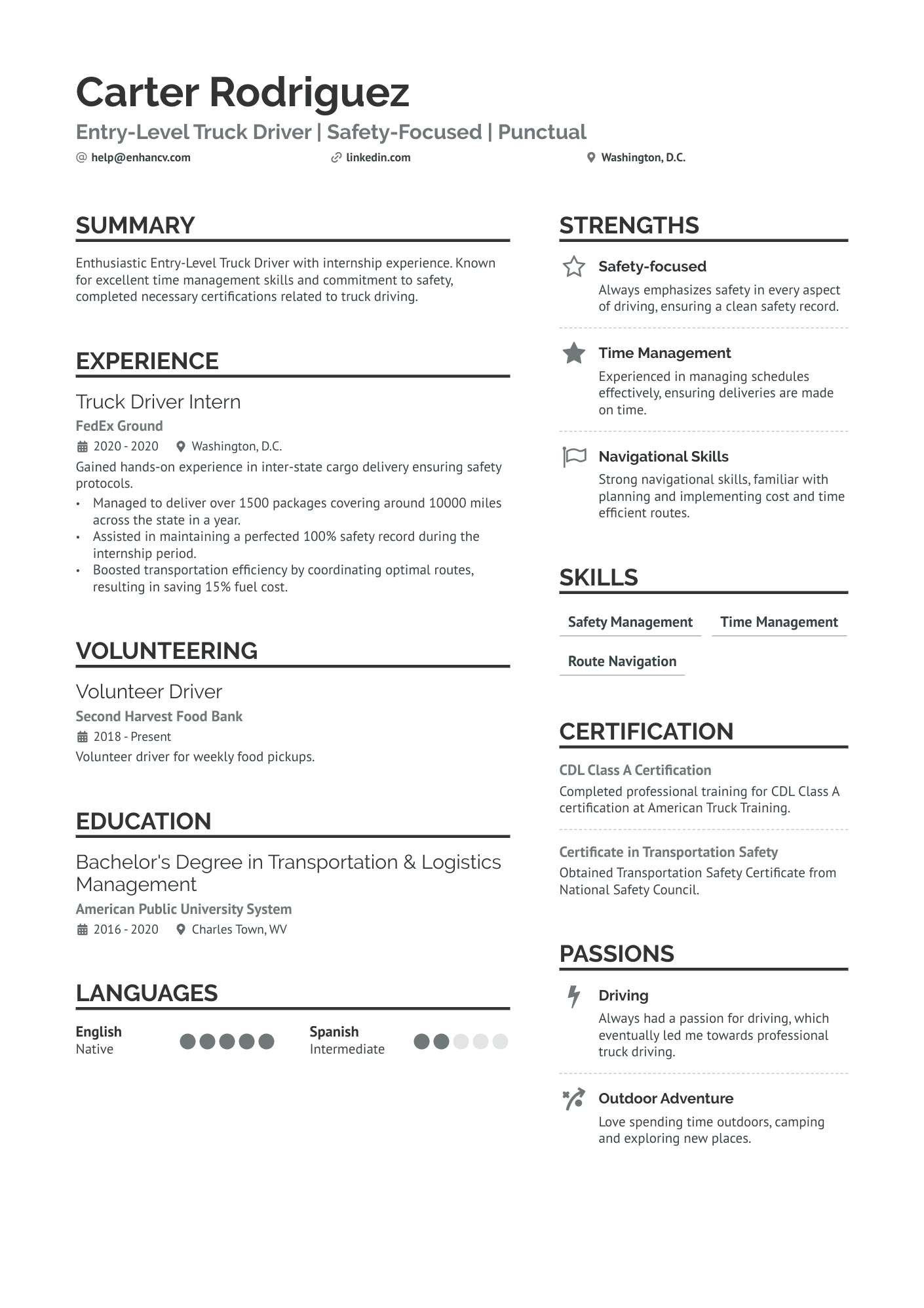 Entry Level Truck Driver Resume Example