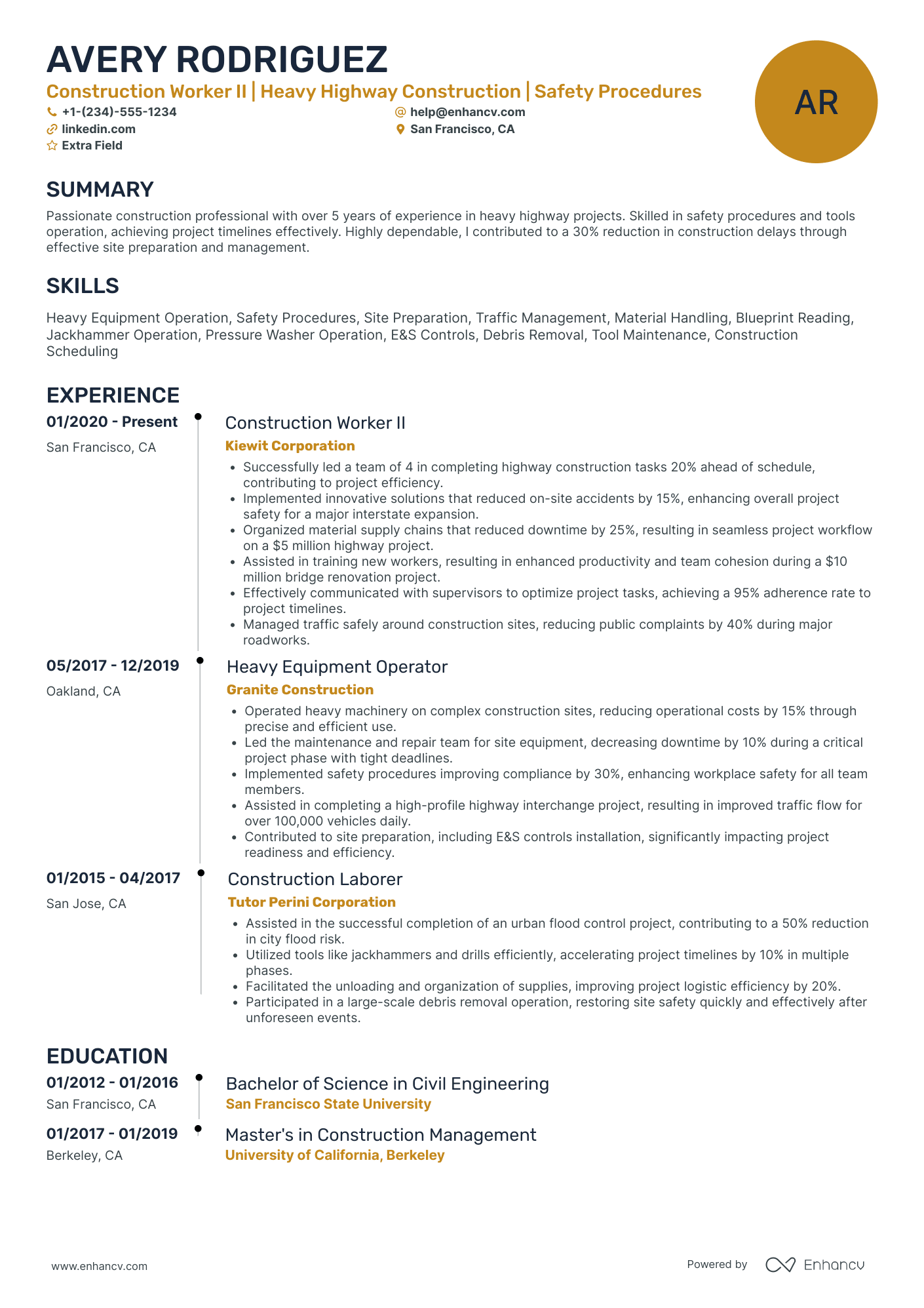 Underground Construction Worker Resume Example