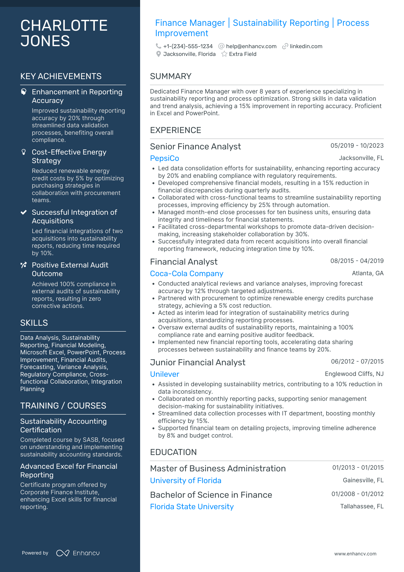 Corporate Finance Manager Resume Example