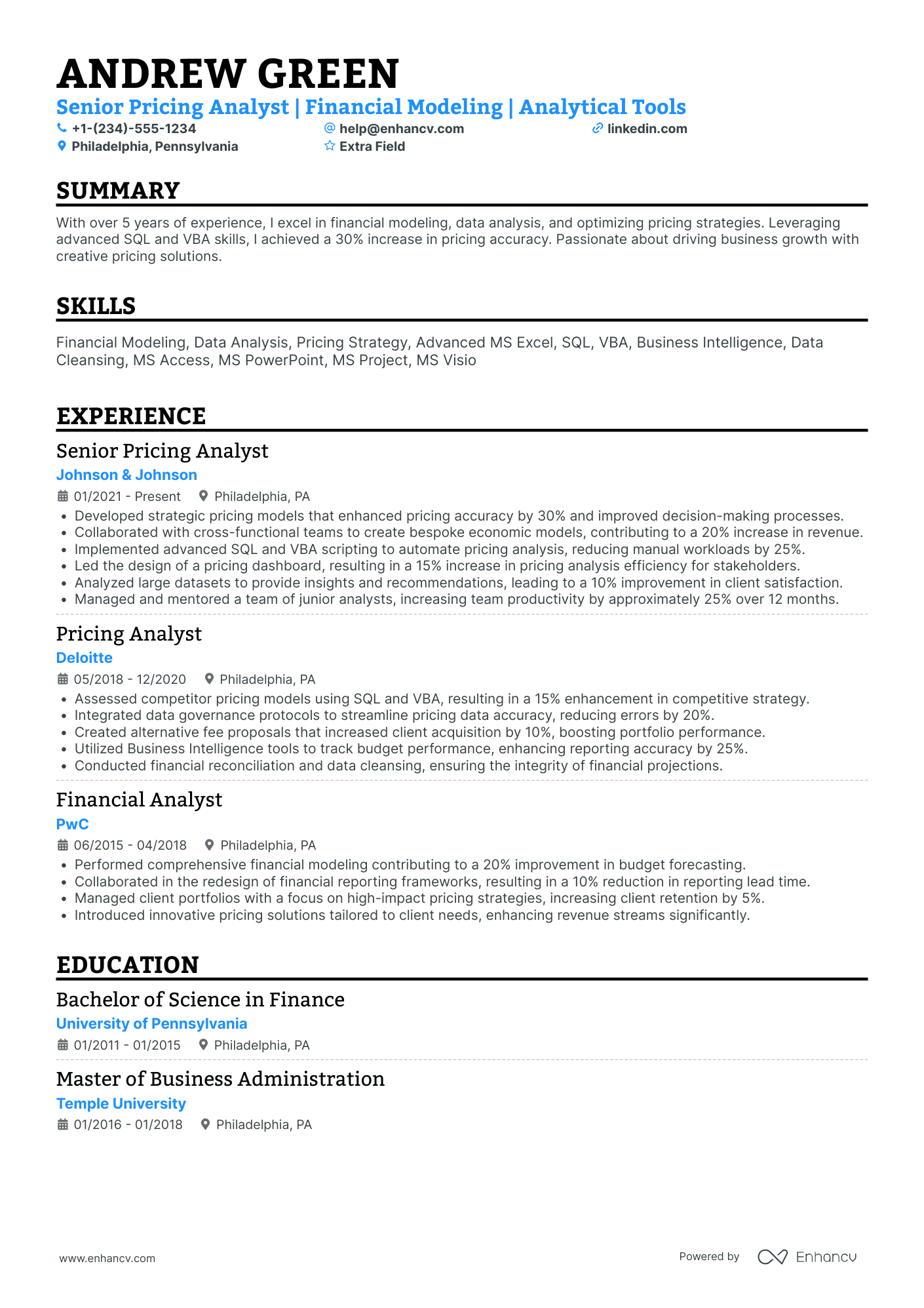 Senior Pricing Analyst Resume Example