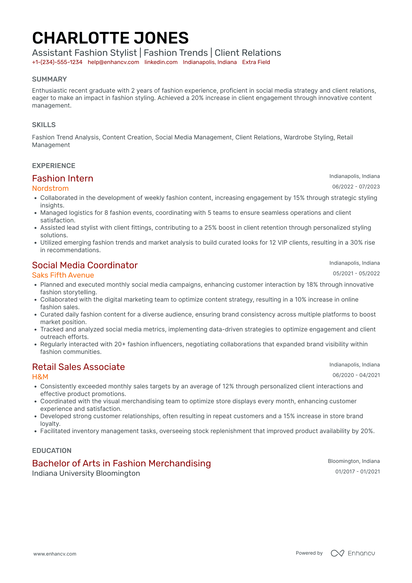 Assistant Fashion Stylist Resume Example