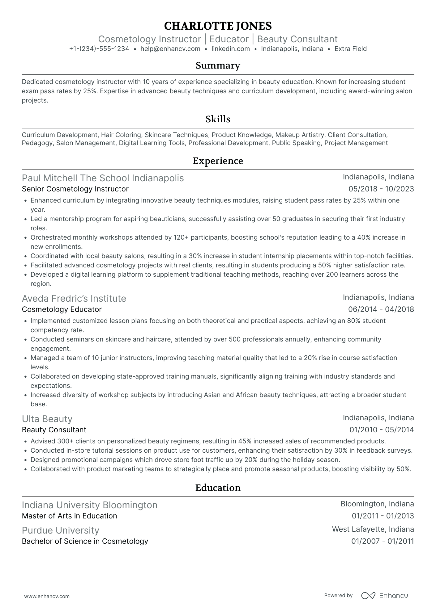 Cosmetology Instructor Resume Example