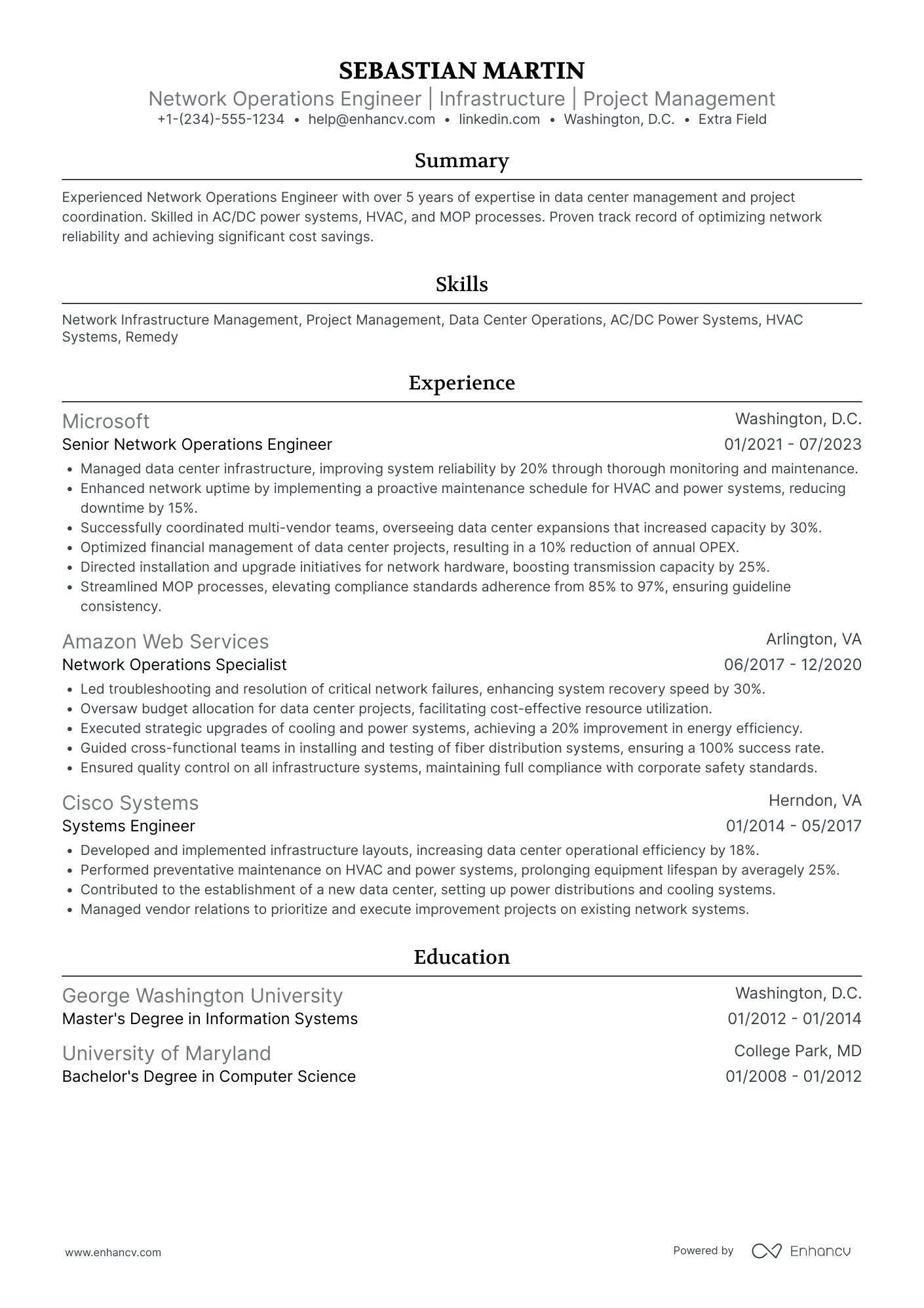 Network Operations Engineer Resume Example