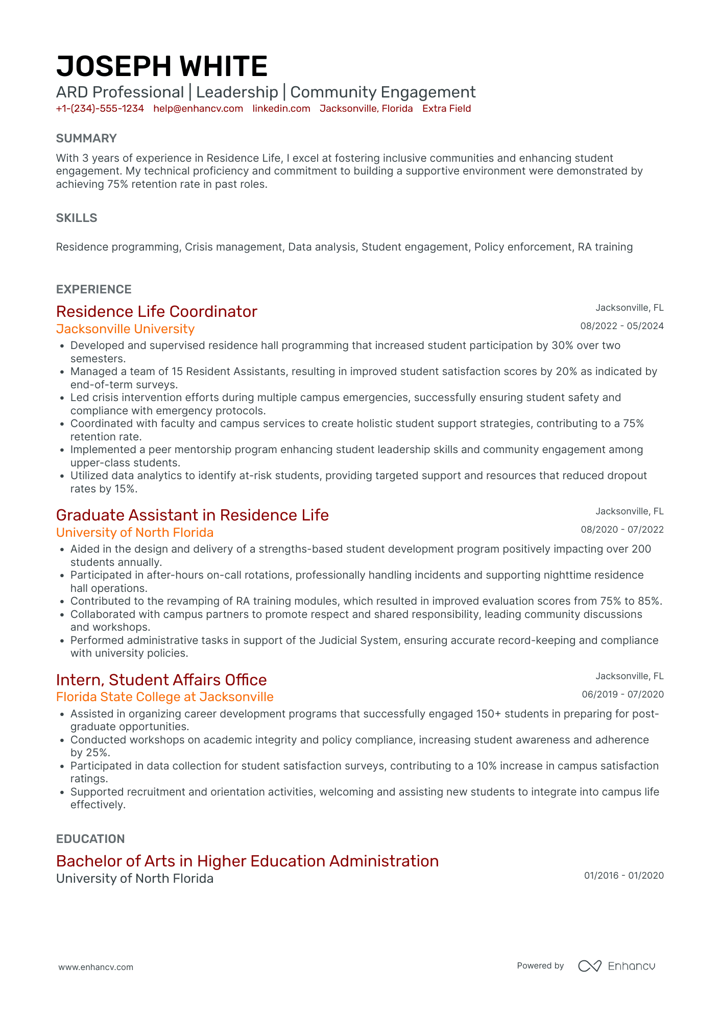 Assistant Resident Director Resume Example