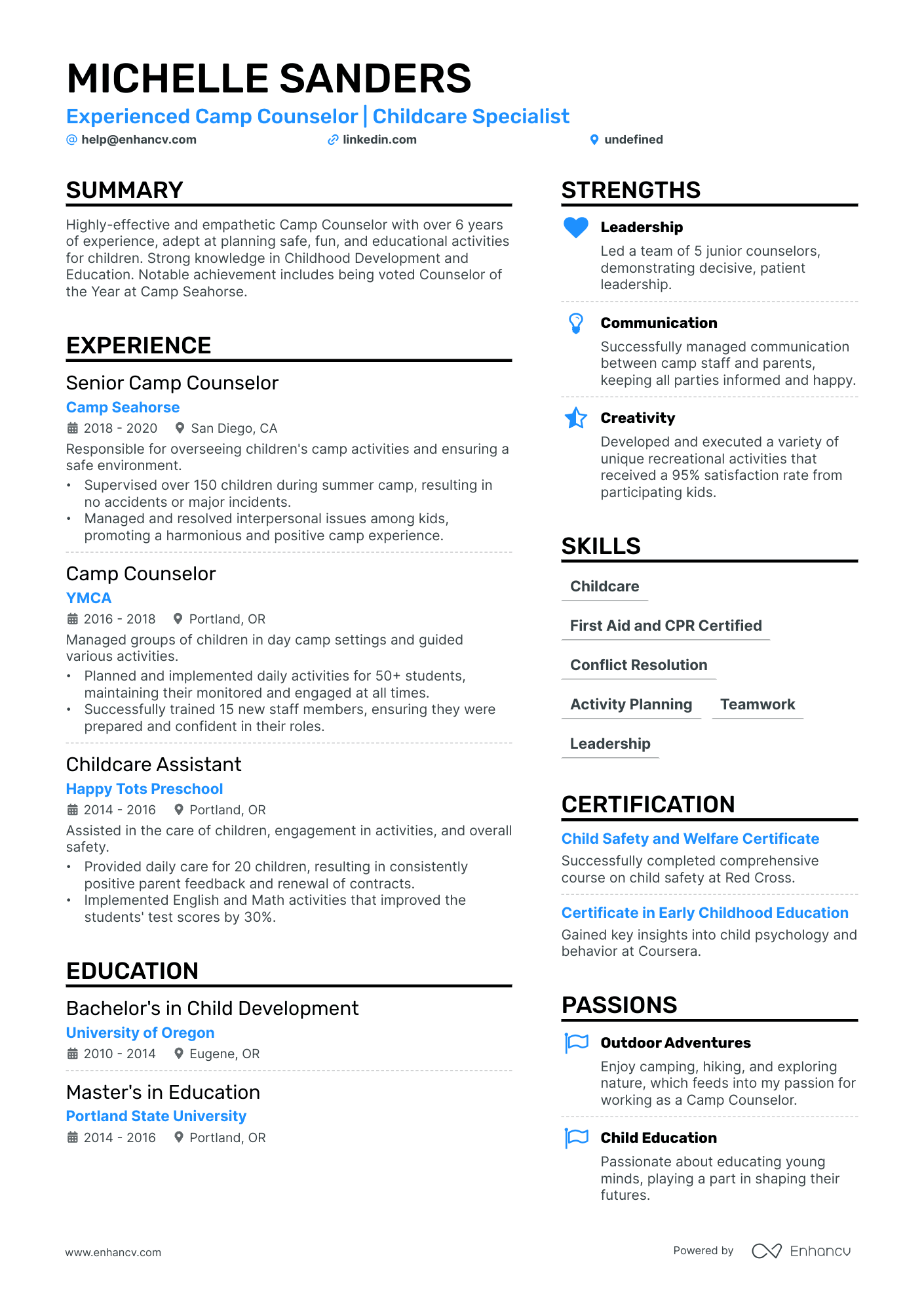 Summer Camp Counselor Resume Example