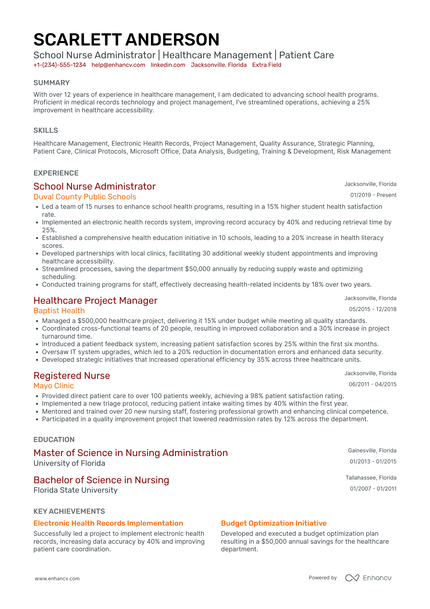 School Nurse Administrator Resume Example