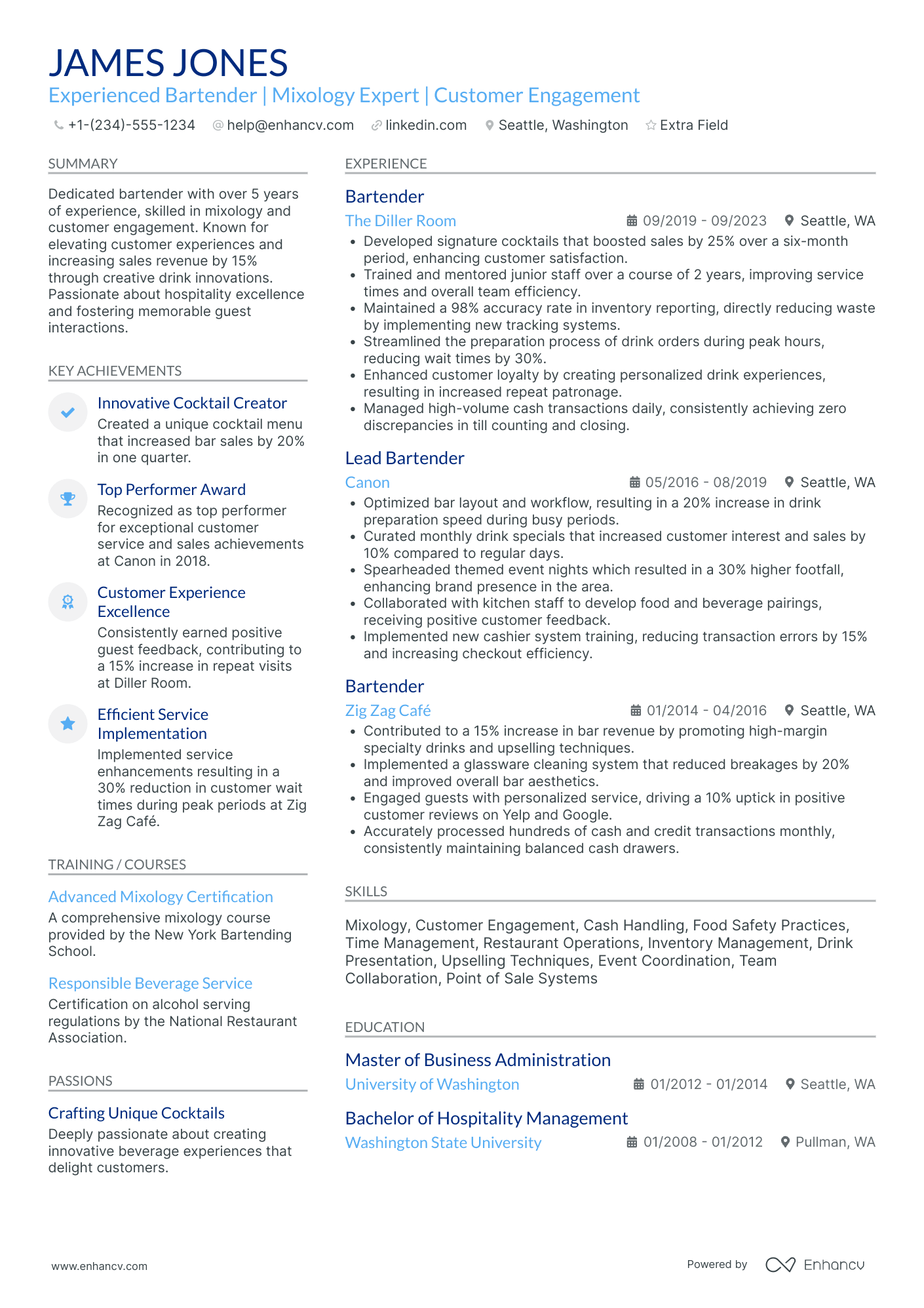 Private Event Bartender Resume Example