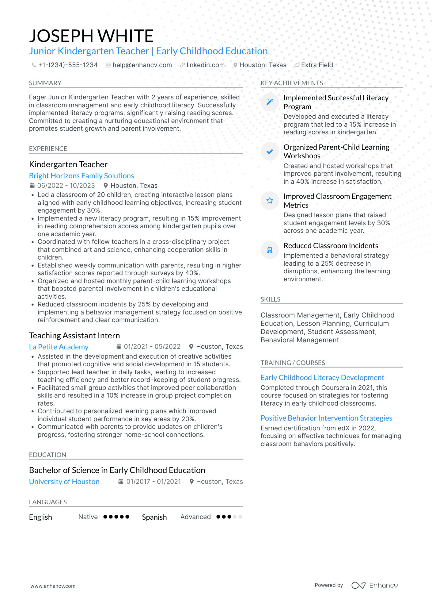 Junior Kindergarten Teacher Resume Example