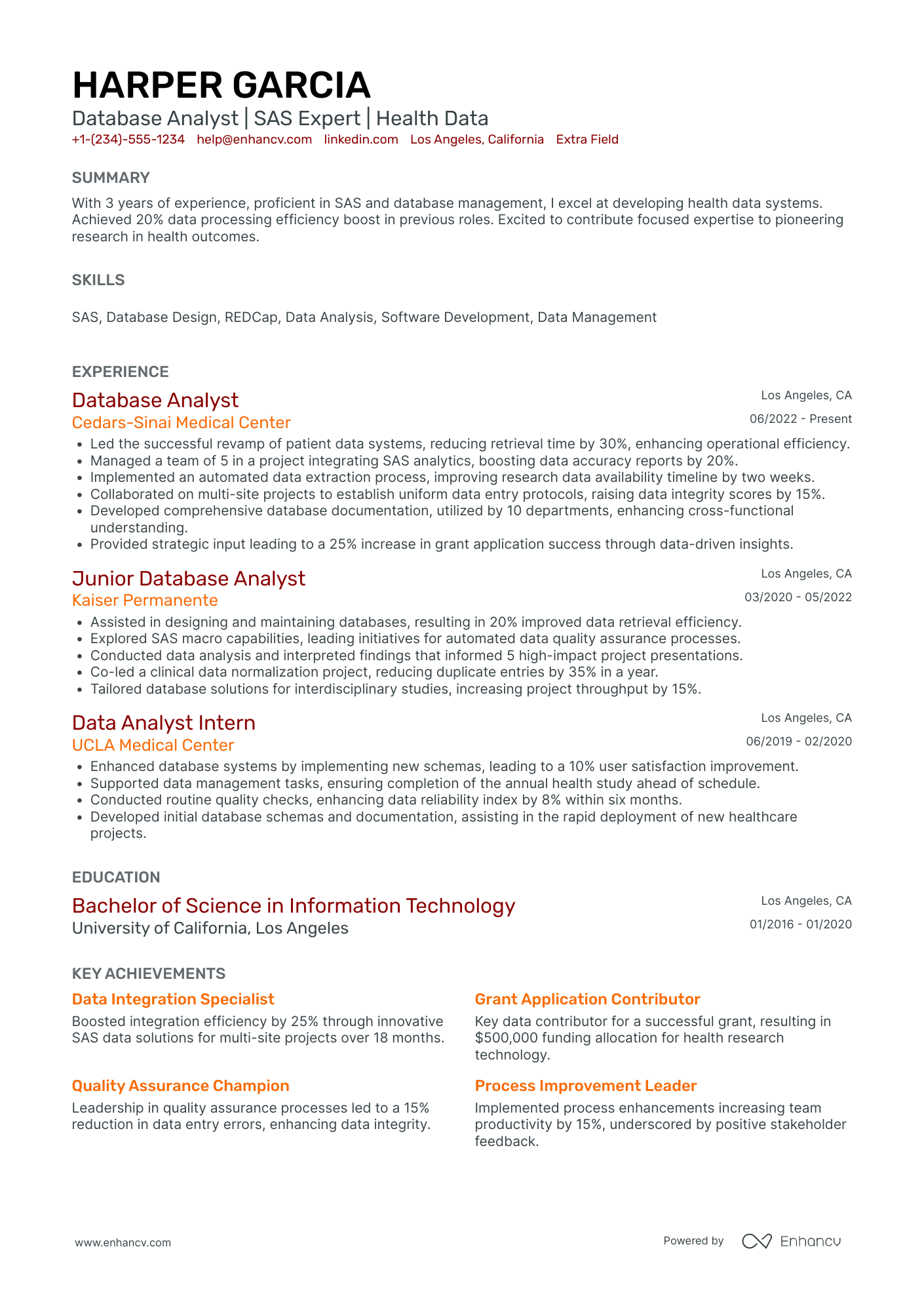 Junior Database Analyst Resume Example