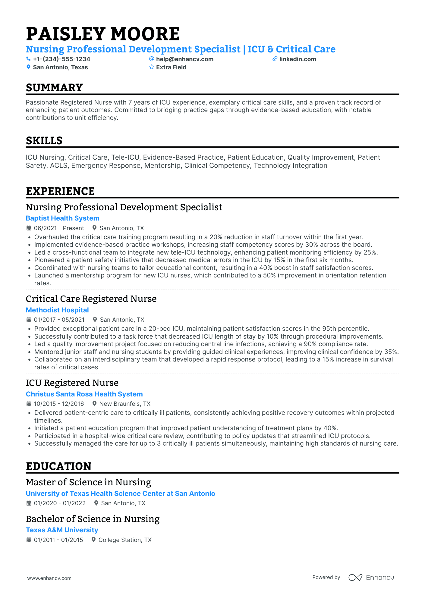 Critical Care Nurse Educator Resume Example