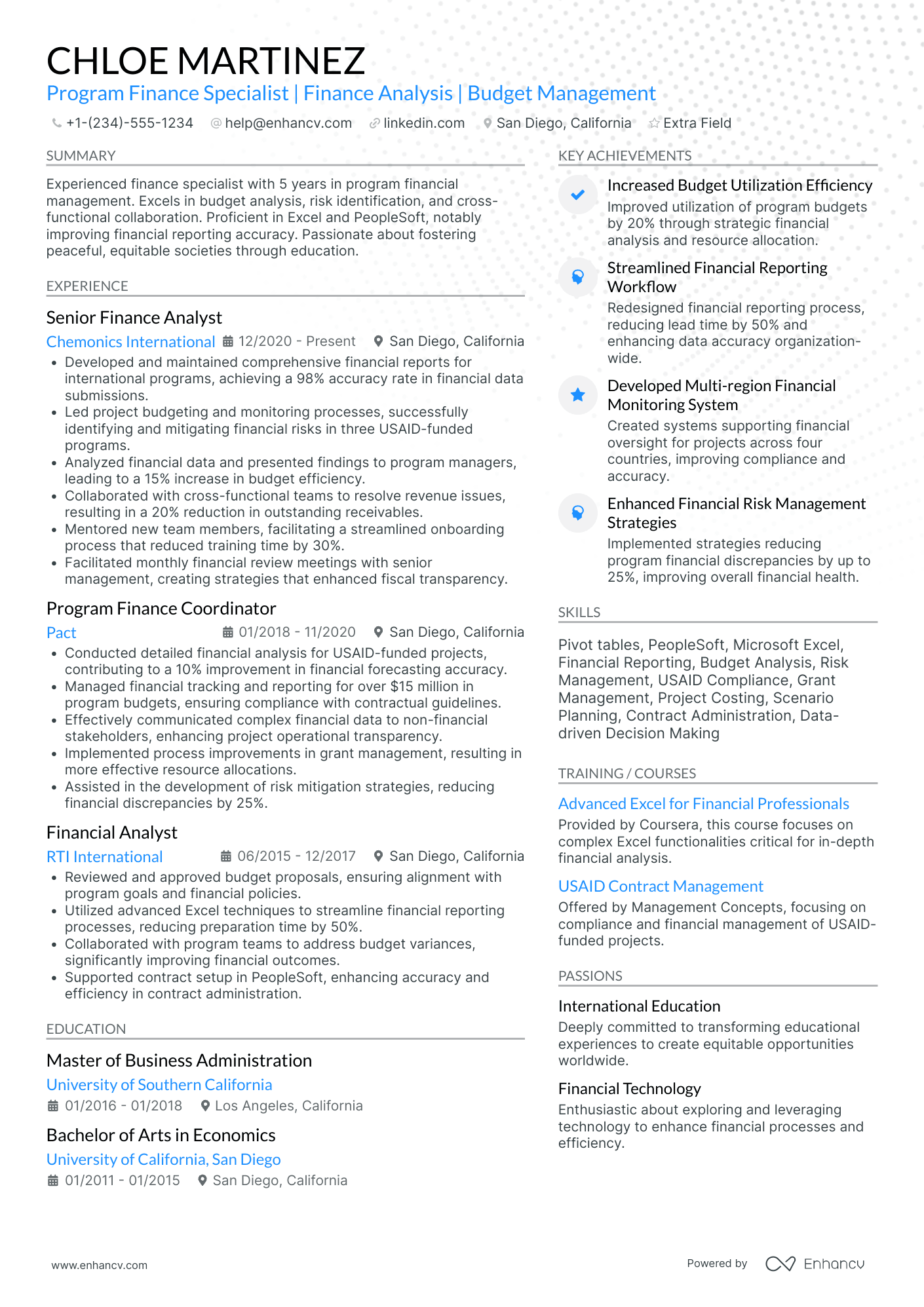 Project Finance Specialist Resume Example