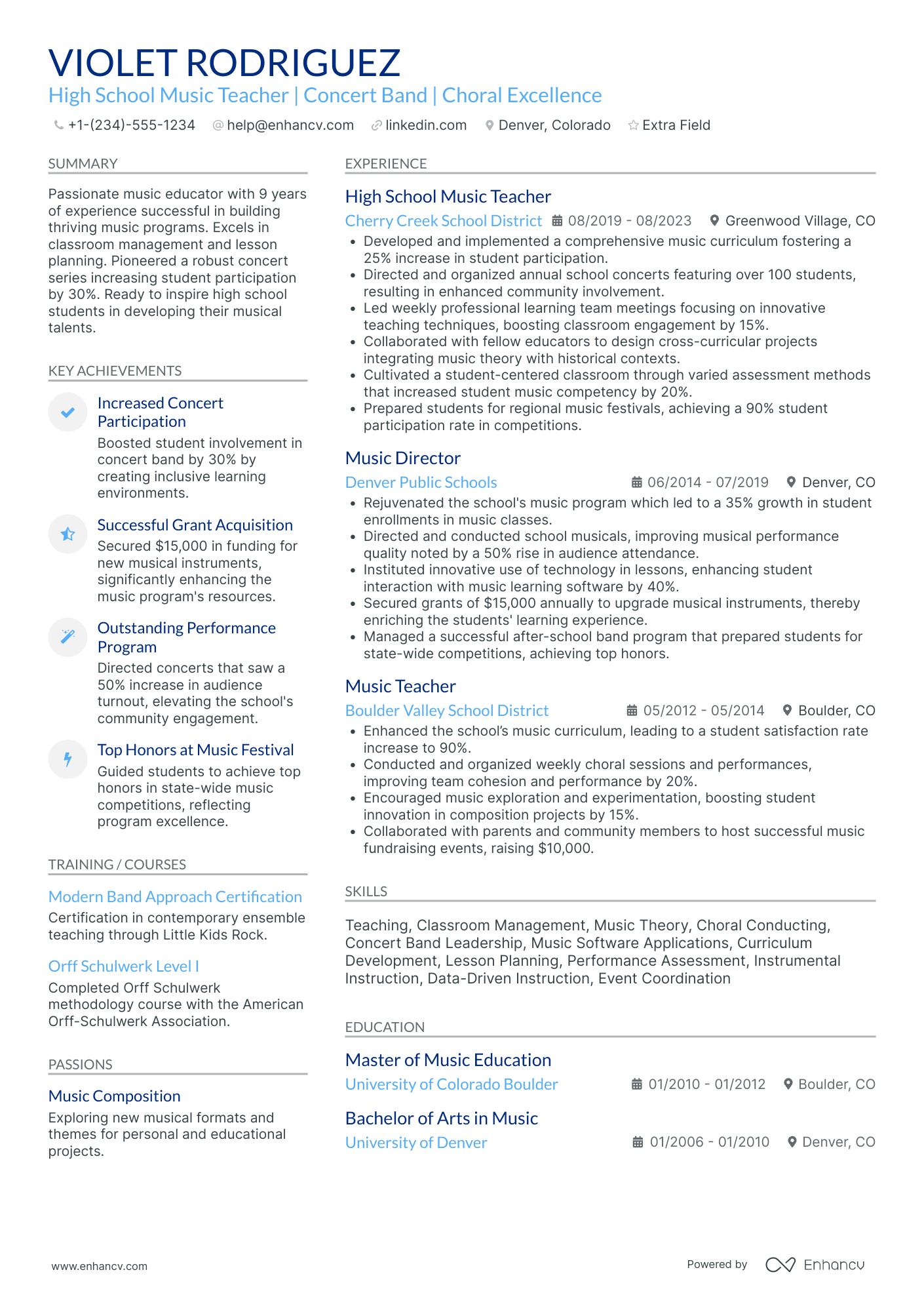 High School Music Teacher Resume Example