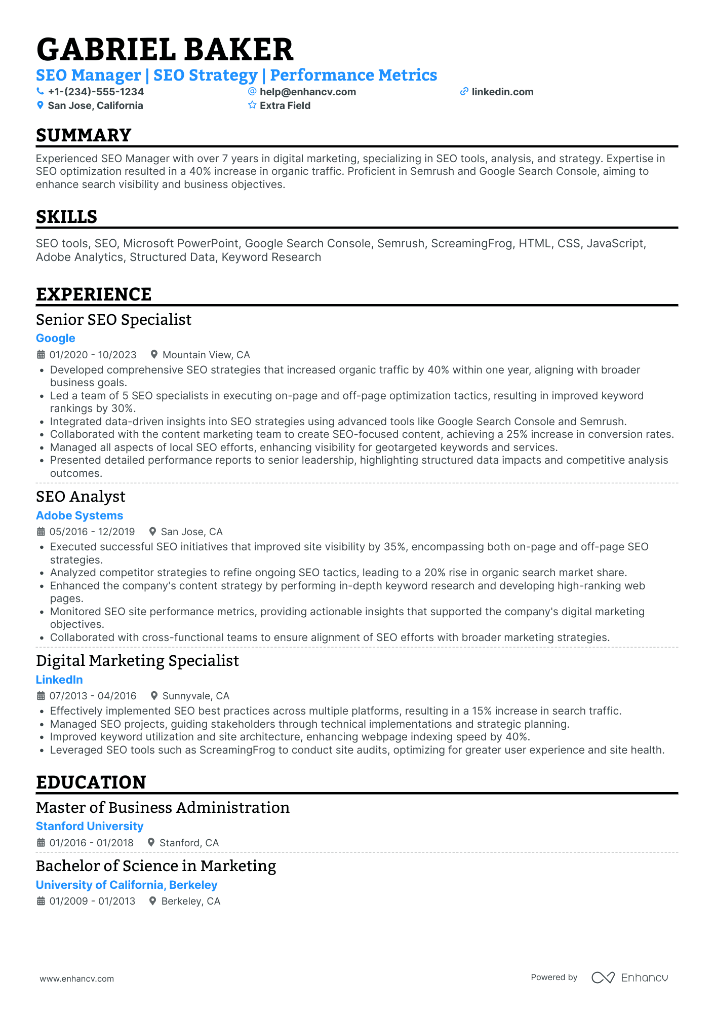 Digital Marketing SEO Specialist Resume Example