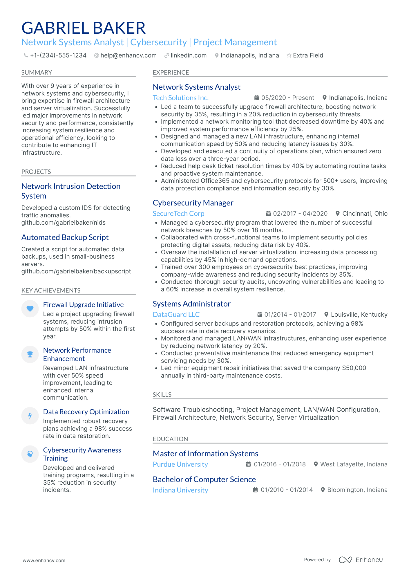 Cybersecurity System Analyst Resume Example