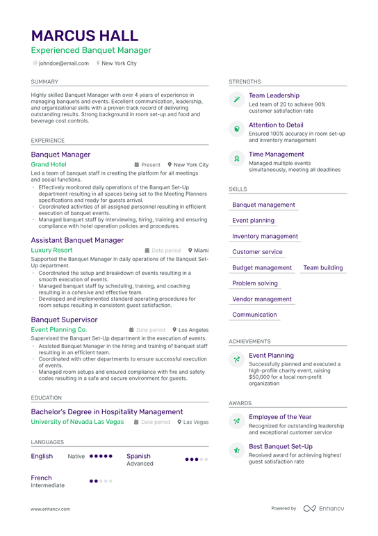 Banquet Manager Resume Example
