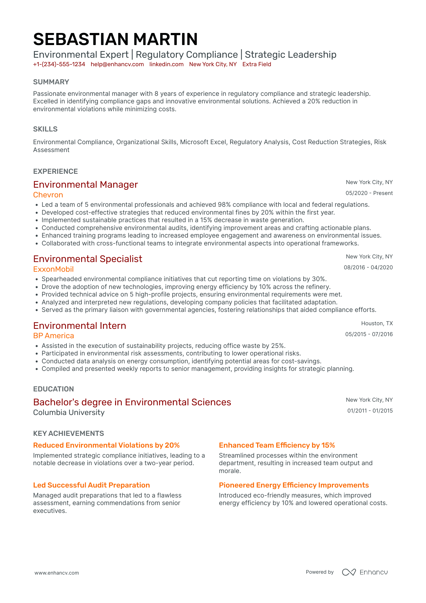 Junior Environmental Manager Resume Example