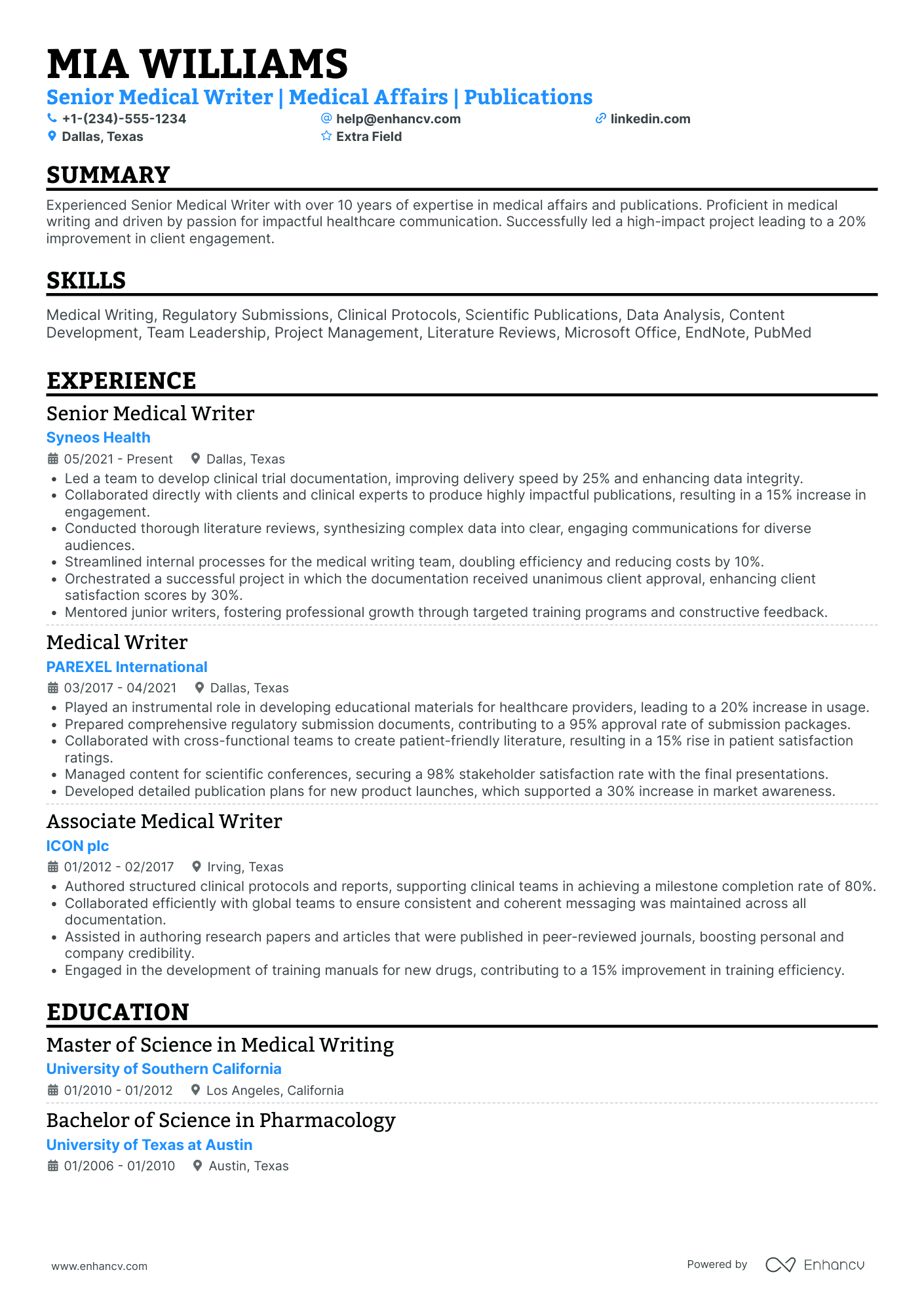 Medical Writer Resume Example