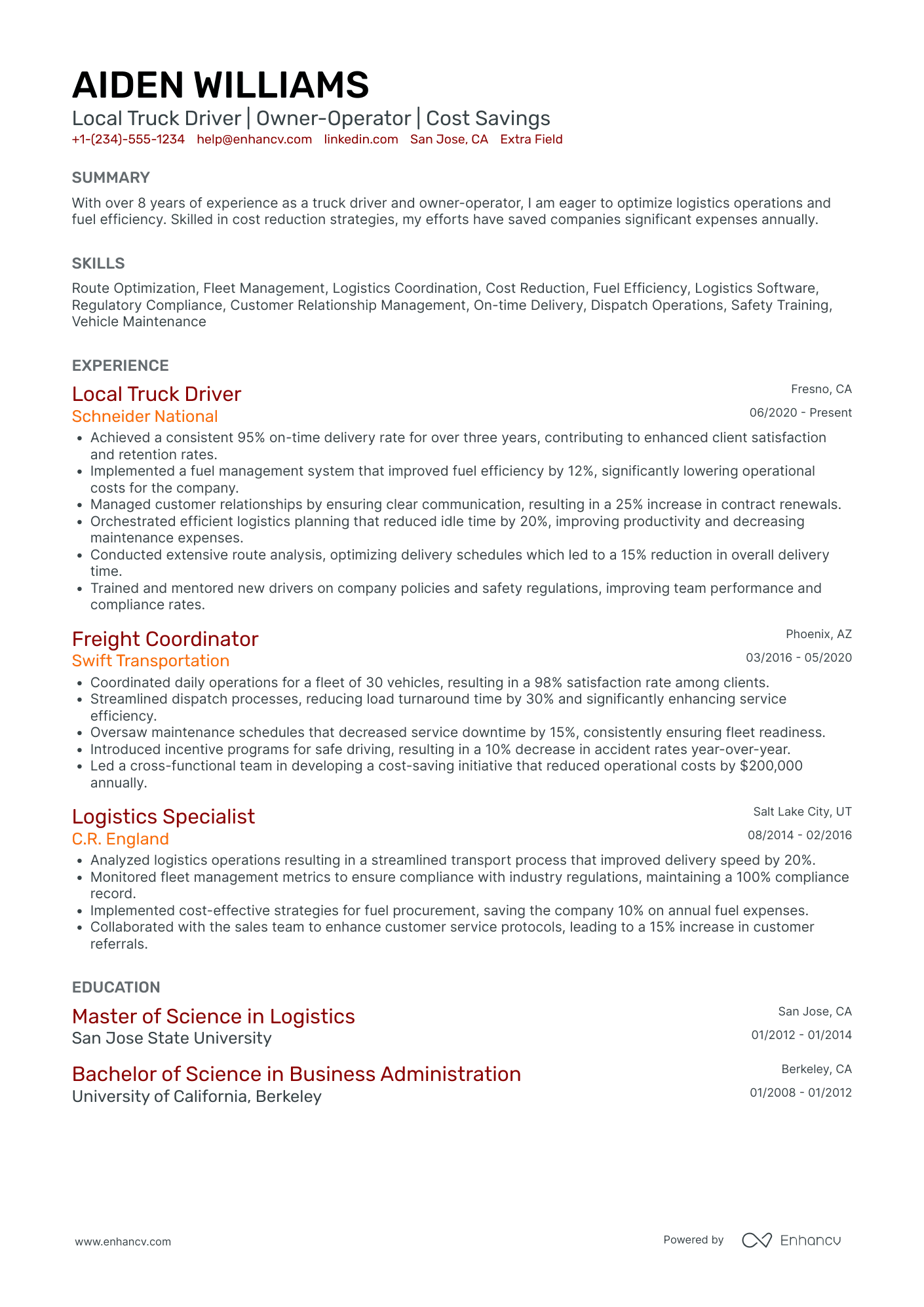 Entry Level Truck Driver Resume Example